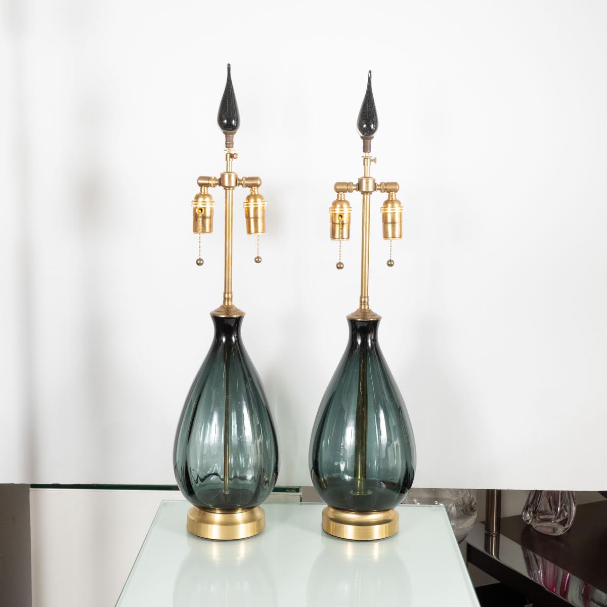 Pair of smoked glass teardrop lamps with glass finials by Blenko.