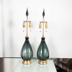 Pair of Smoked Glass Teardrop Lamps by Blenko