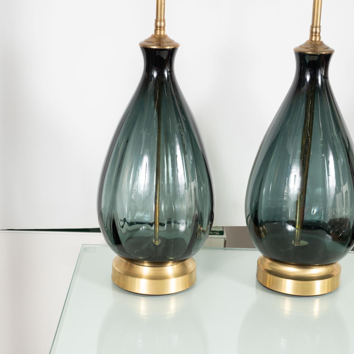 Pair of Smoked Glass Teardrop Lamps by Blenko In Good Condition For Sale In Tarrytown, NY