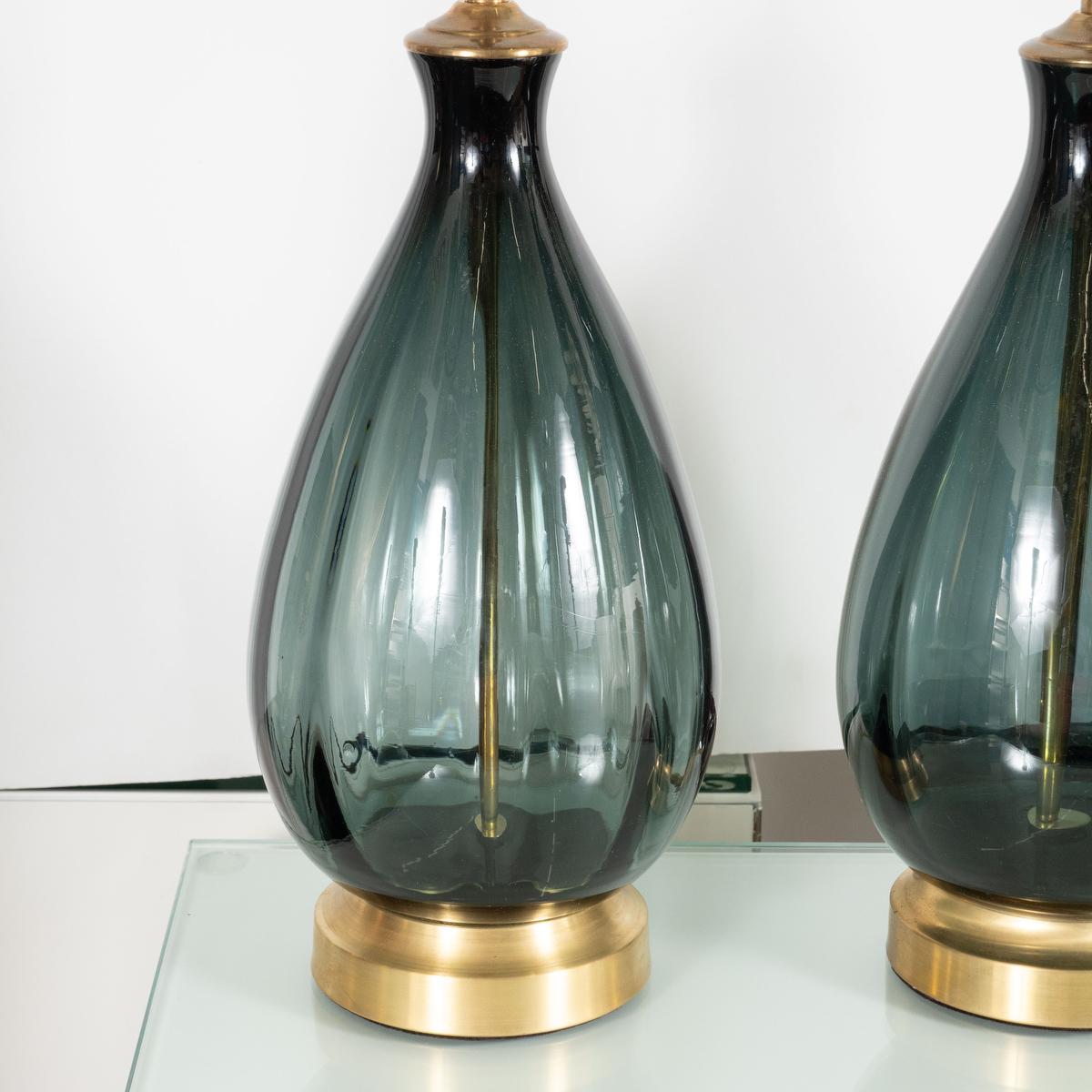 Brass Pair of Smoked Glass Teardrop Lamps by Blenko For Sale