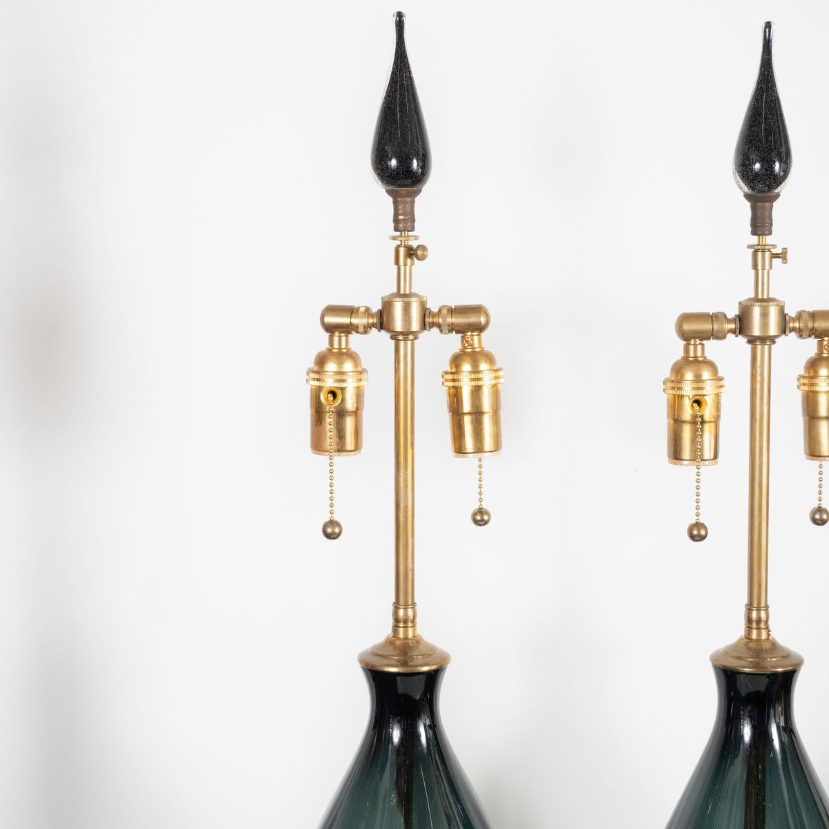 Brass Pair of Smoked Glass Teardrop Lamps by Blenko For Sale