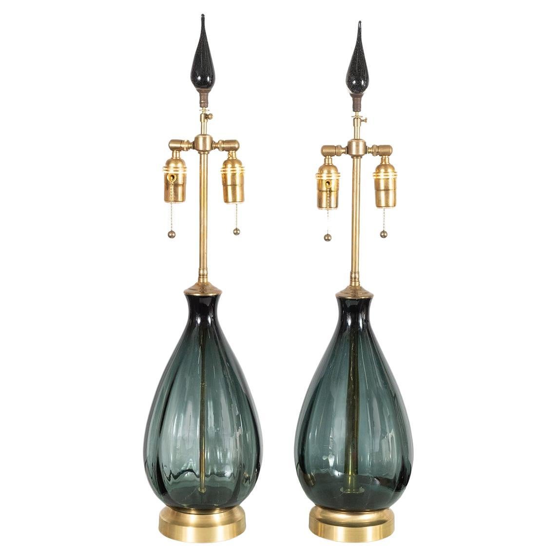 Pair of Smoked Glass Teardrop Lamps by Blenko For Sale