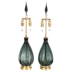 Pair of Smoked Glass Teardrop Lamps by Blenko