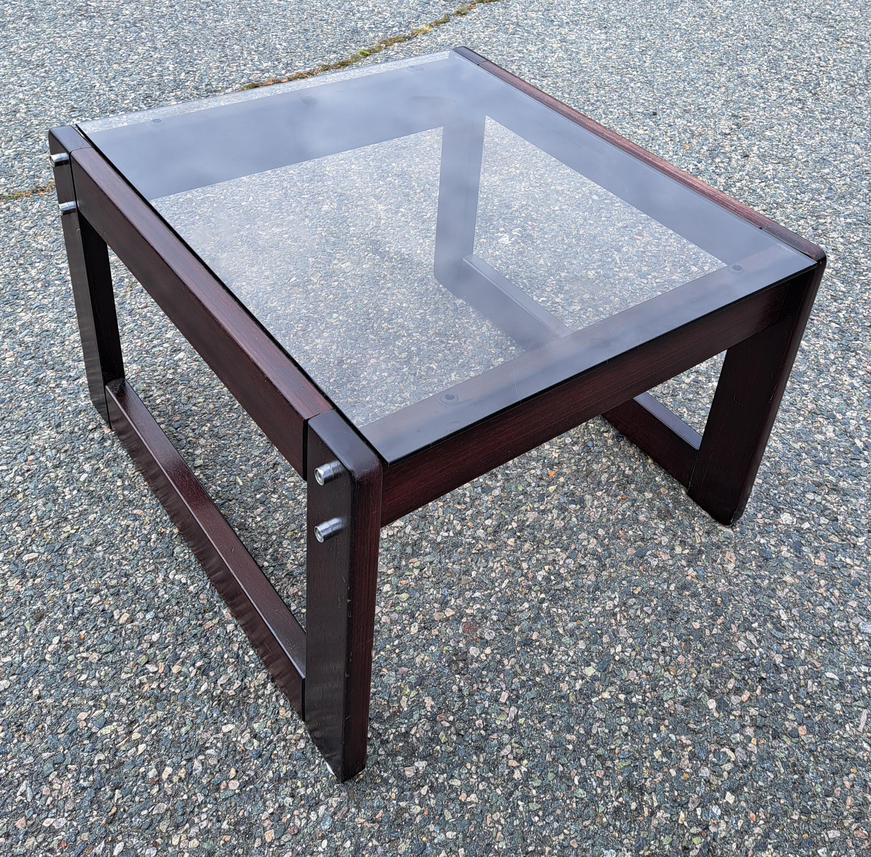 Mid-Century Modern Pair of Smoked Glass Top Rosewood Base Side/End Tables After Percival Lafer  For Sale