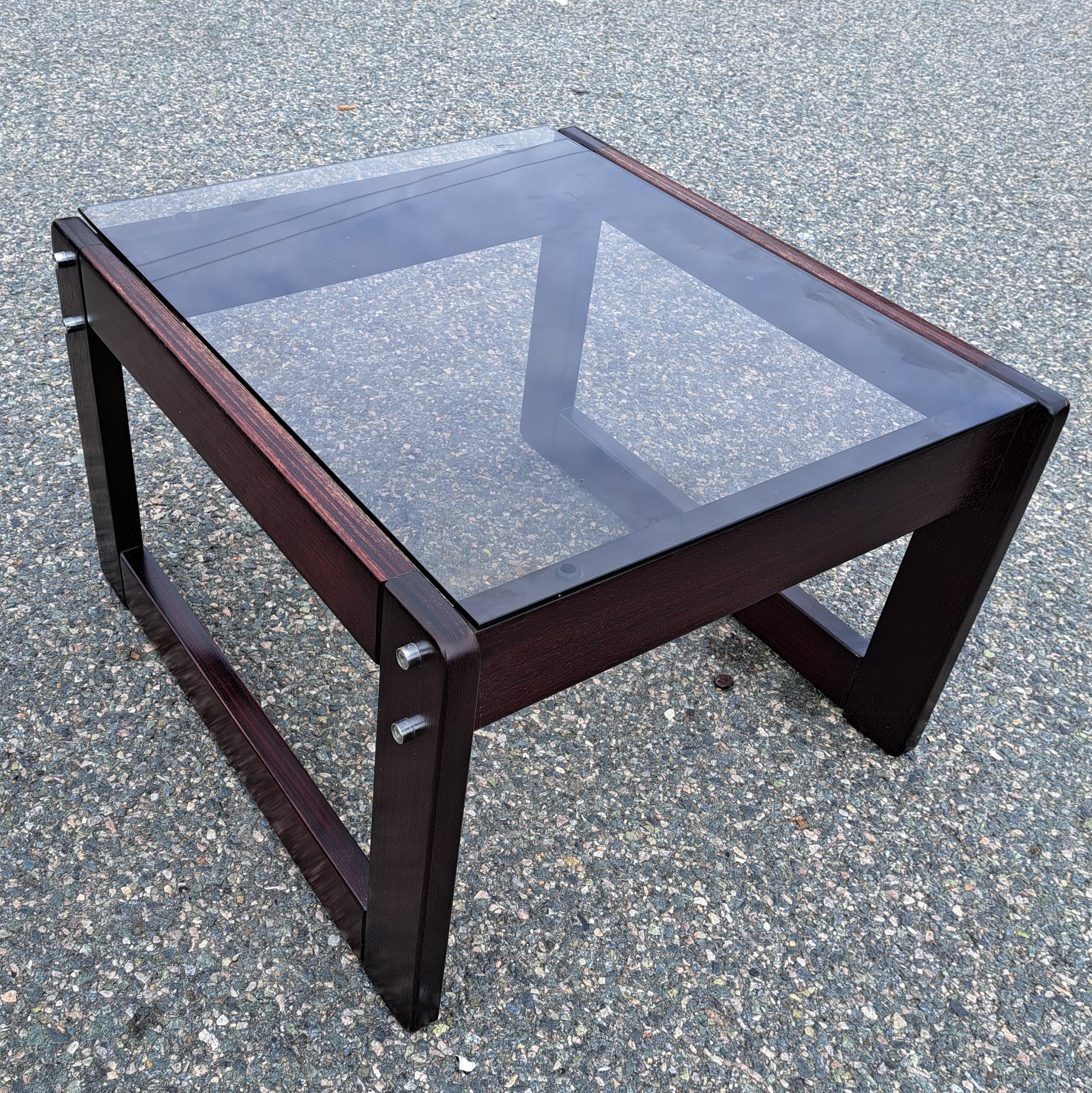 Brazilian Pair of Smoked Glass Top Rosewood Base Side/End Tables After Percival Lafer  For Sale