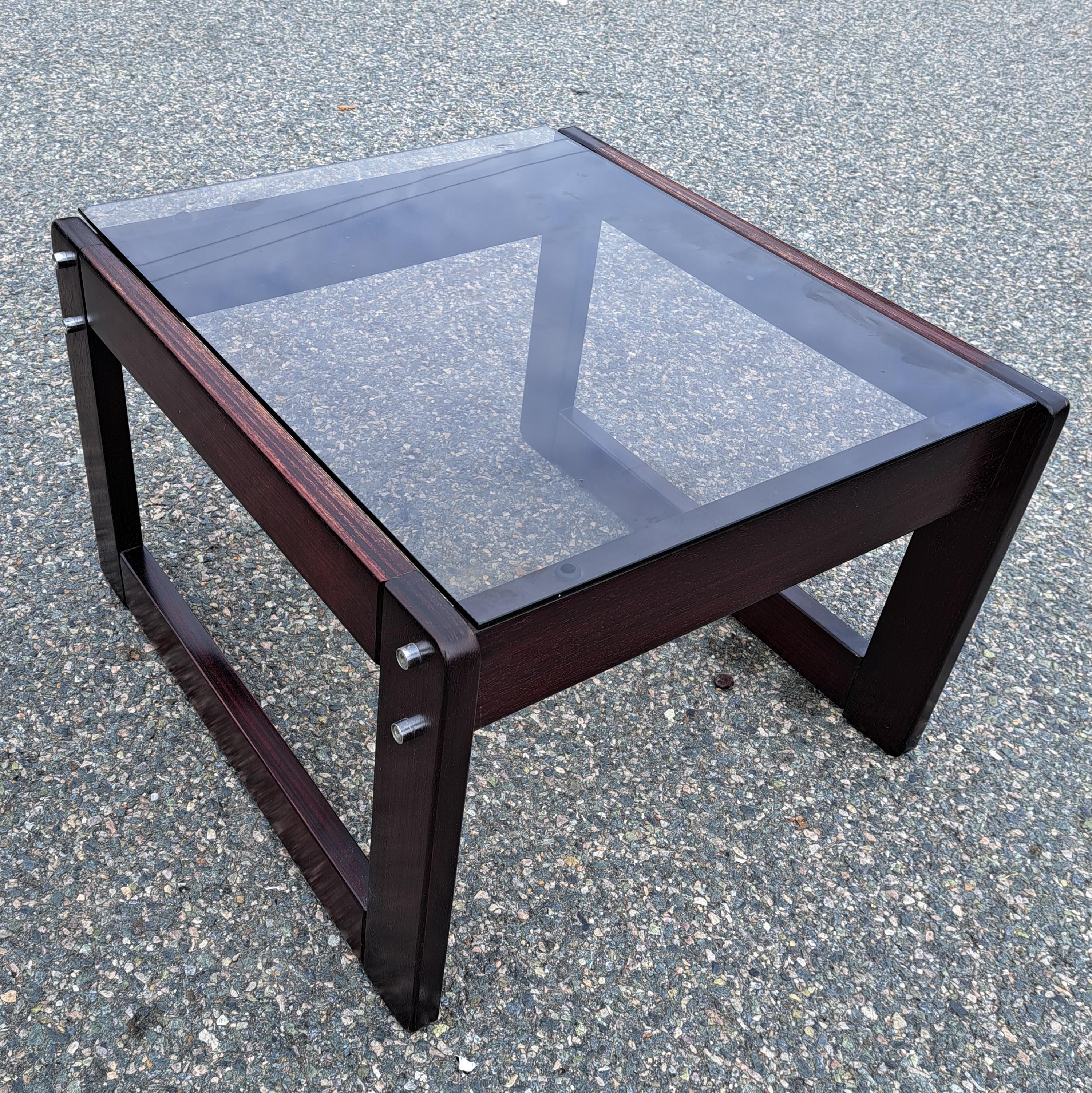 Brazilian Pair of Smoked Glass Top Rosewood Base Side/End Tables After Percival Lafer For Sale