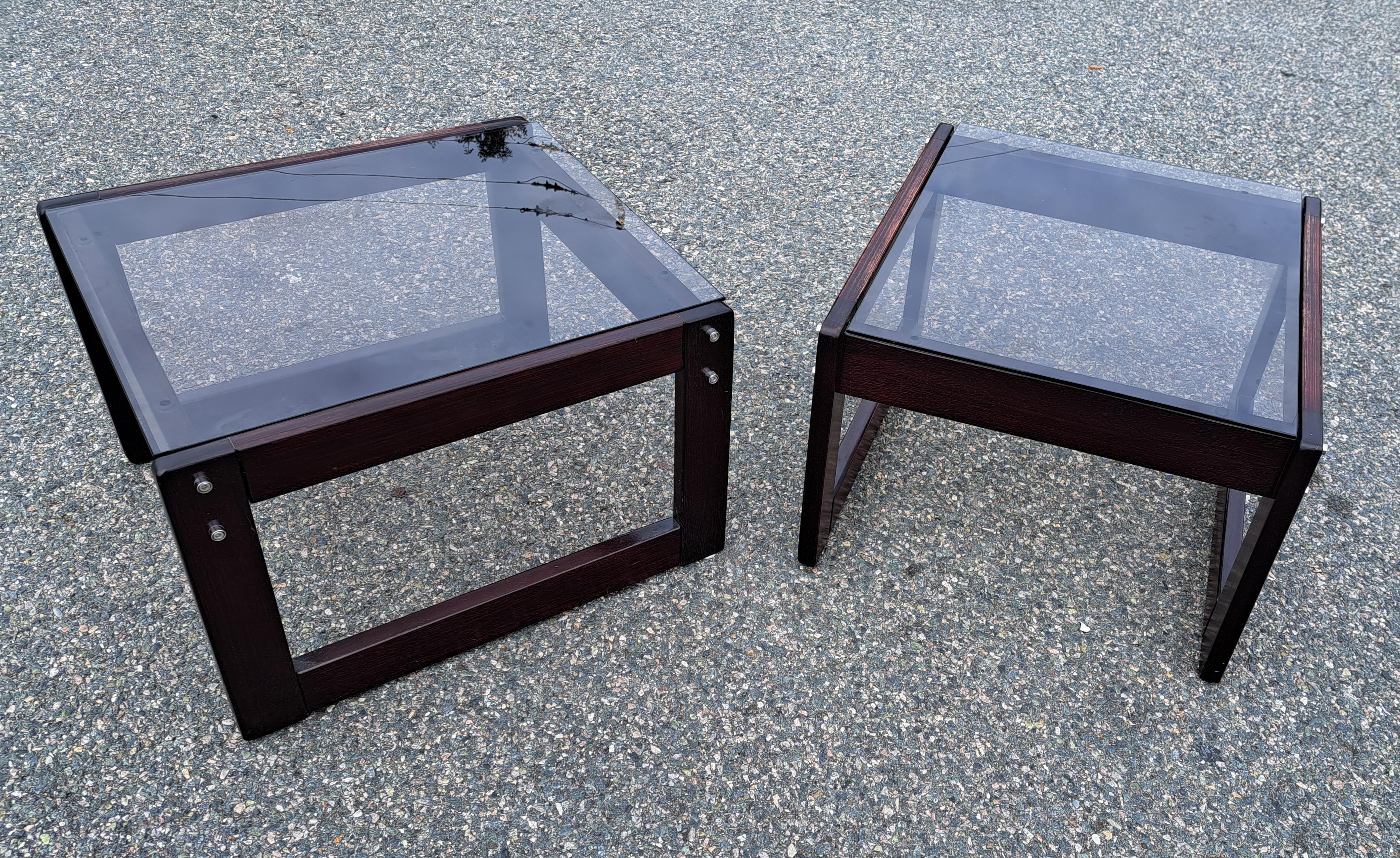 Pair of Smoked Glass Top Rosewood Base Side/End Tables After Percival Lafer  In Good Condition For Sale In Weymouth, MA