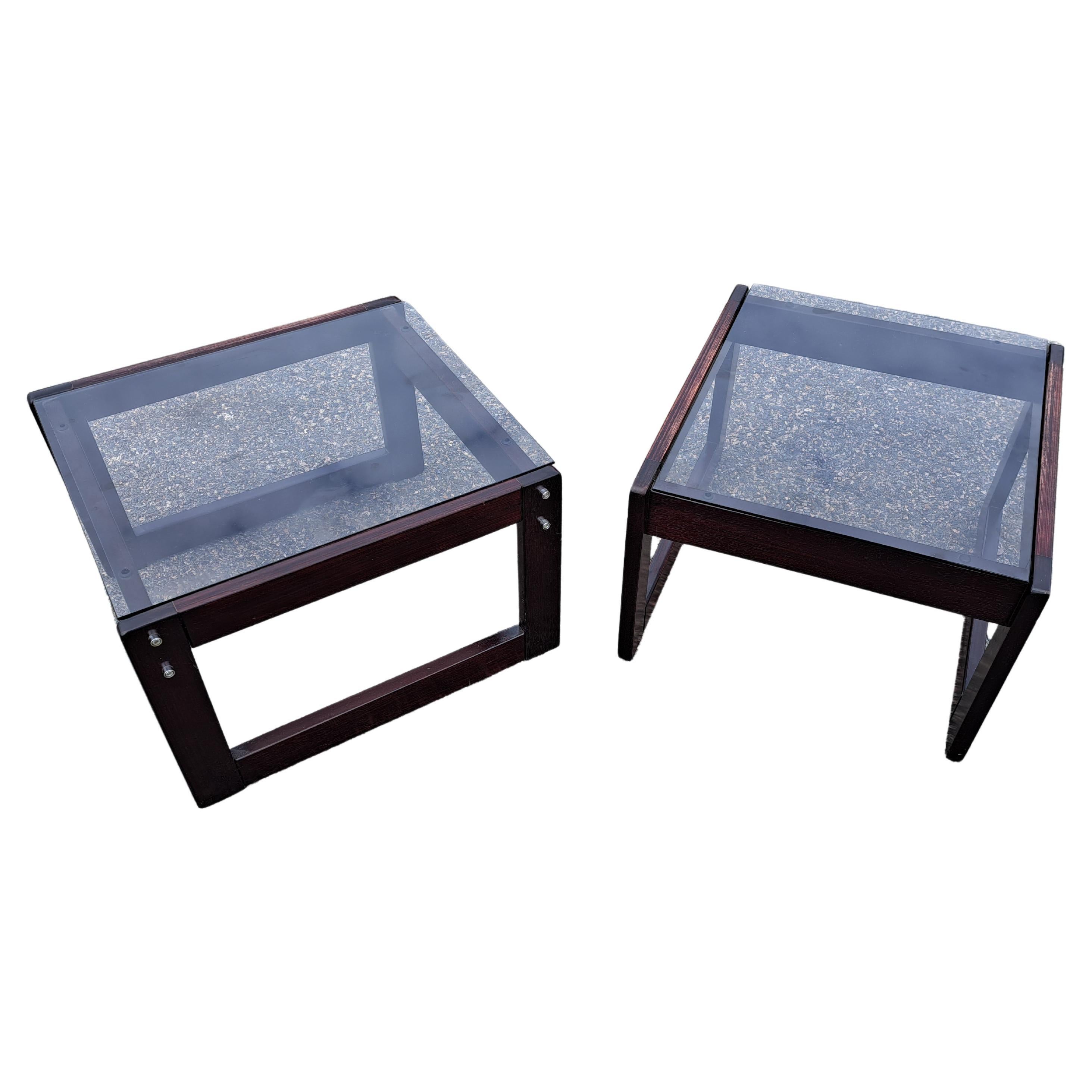 Pair of Smoked Glass Top Rosewood Base Side/End Tables After Percival Lafer  For Sale