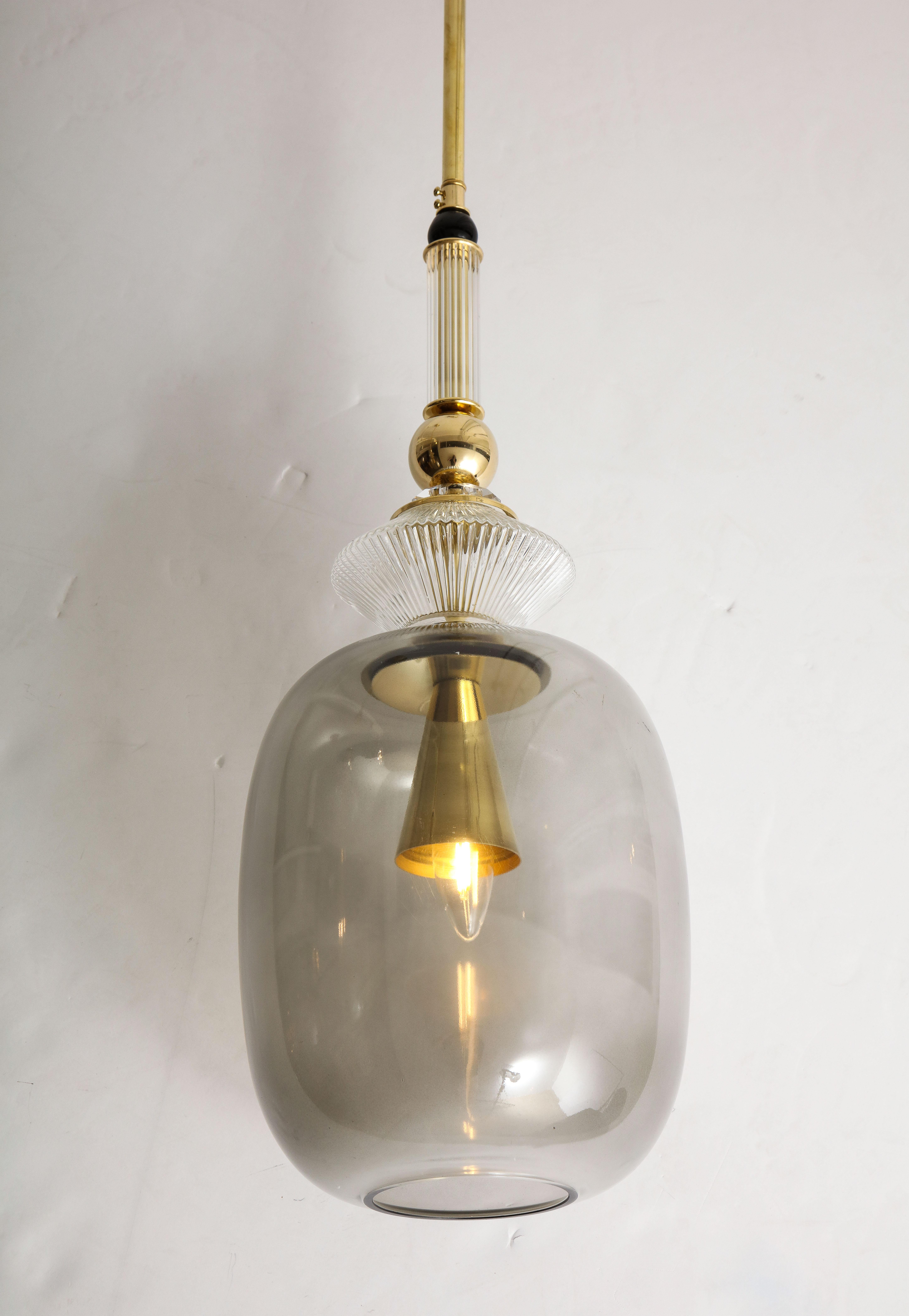 Pair of Smoked Grey Taupe Murano Glass and Brass Pendant Lights, Italy, 2020 2