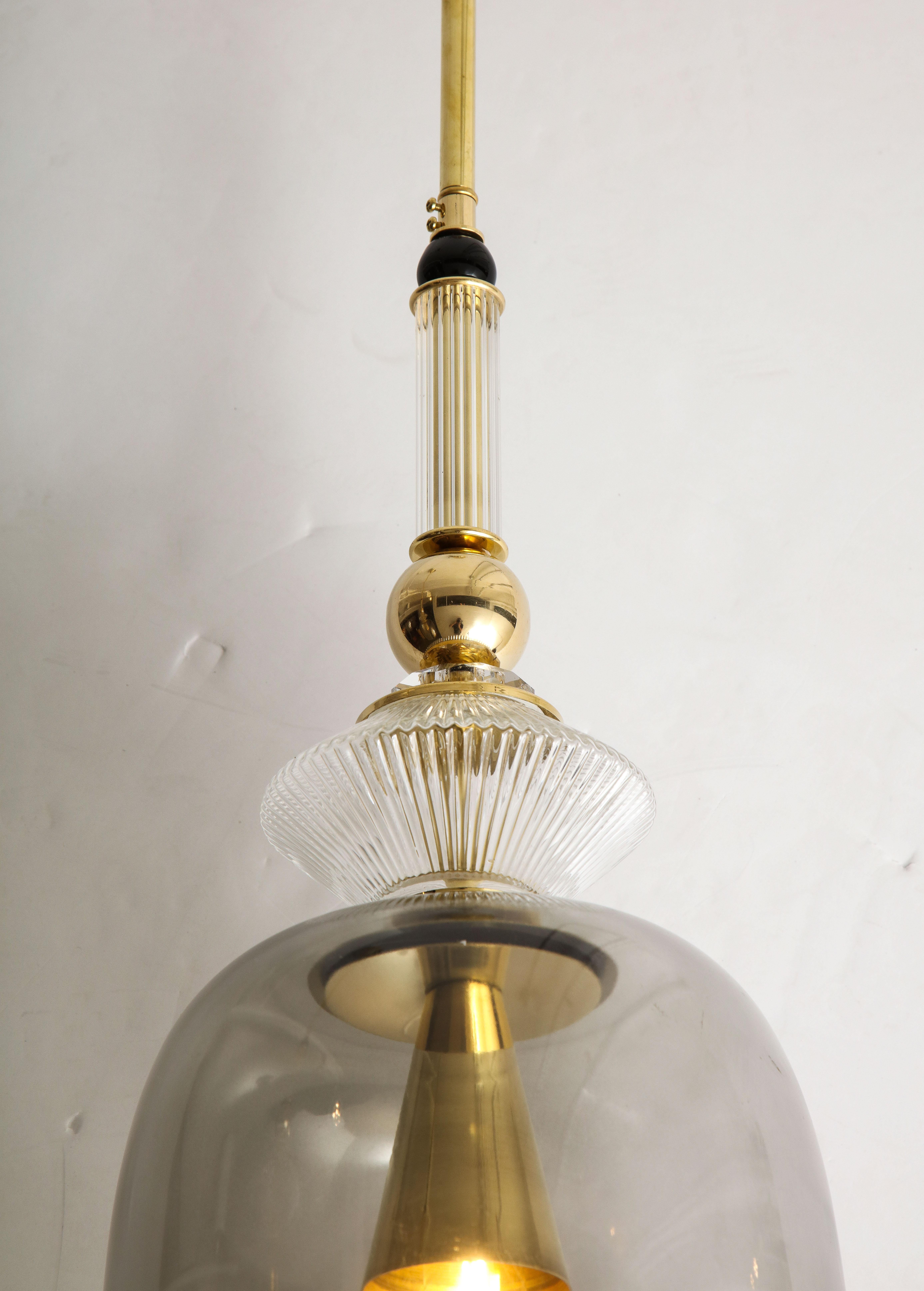 Pair of Smoked Grey Taupe Murano Glass and Brass Pendant Lights, Italy, 2020 3