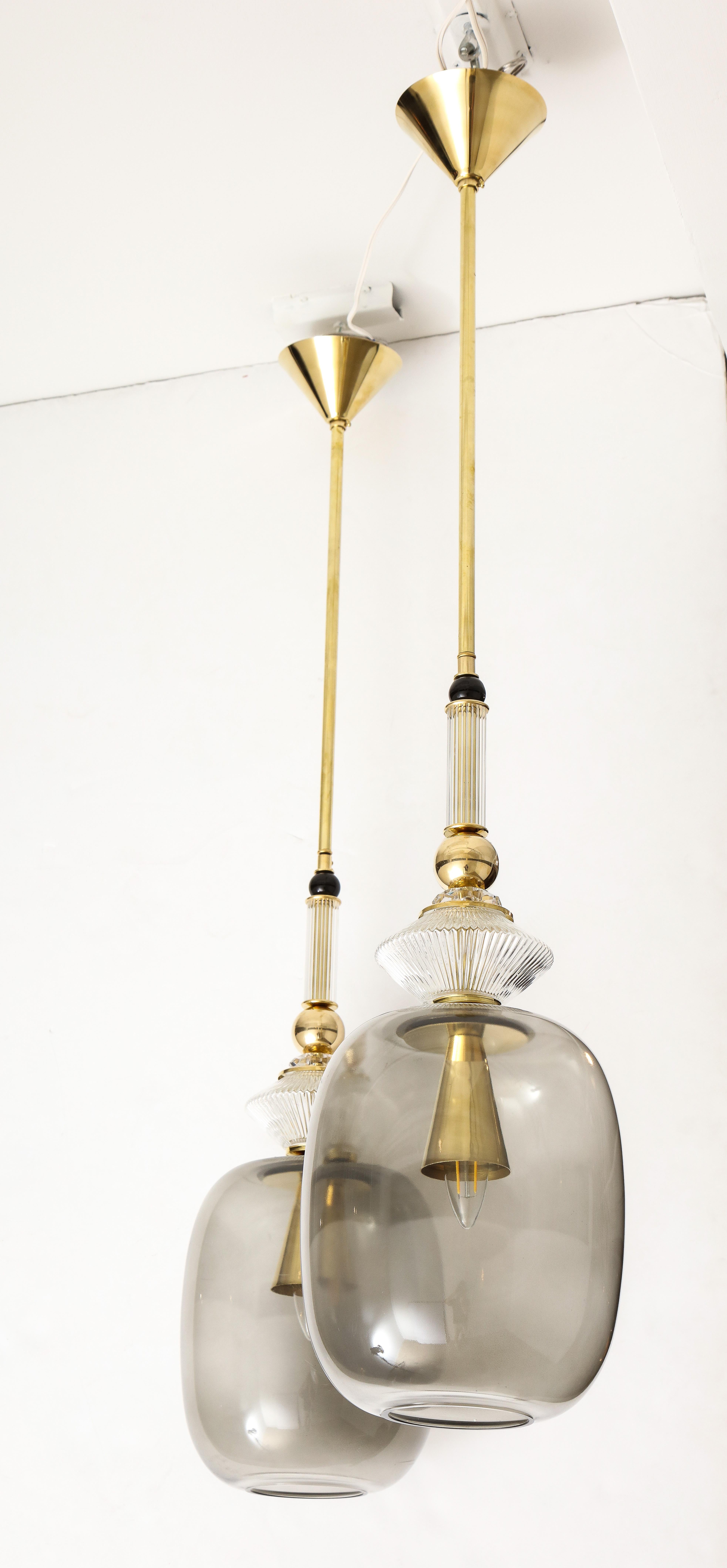 Pair of Smoked Grey Taupe Murano Glass and Brass Pendant Lights, Italy, 2020 5