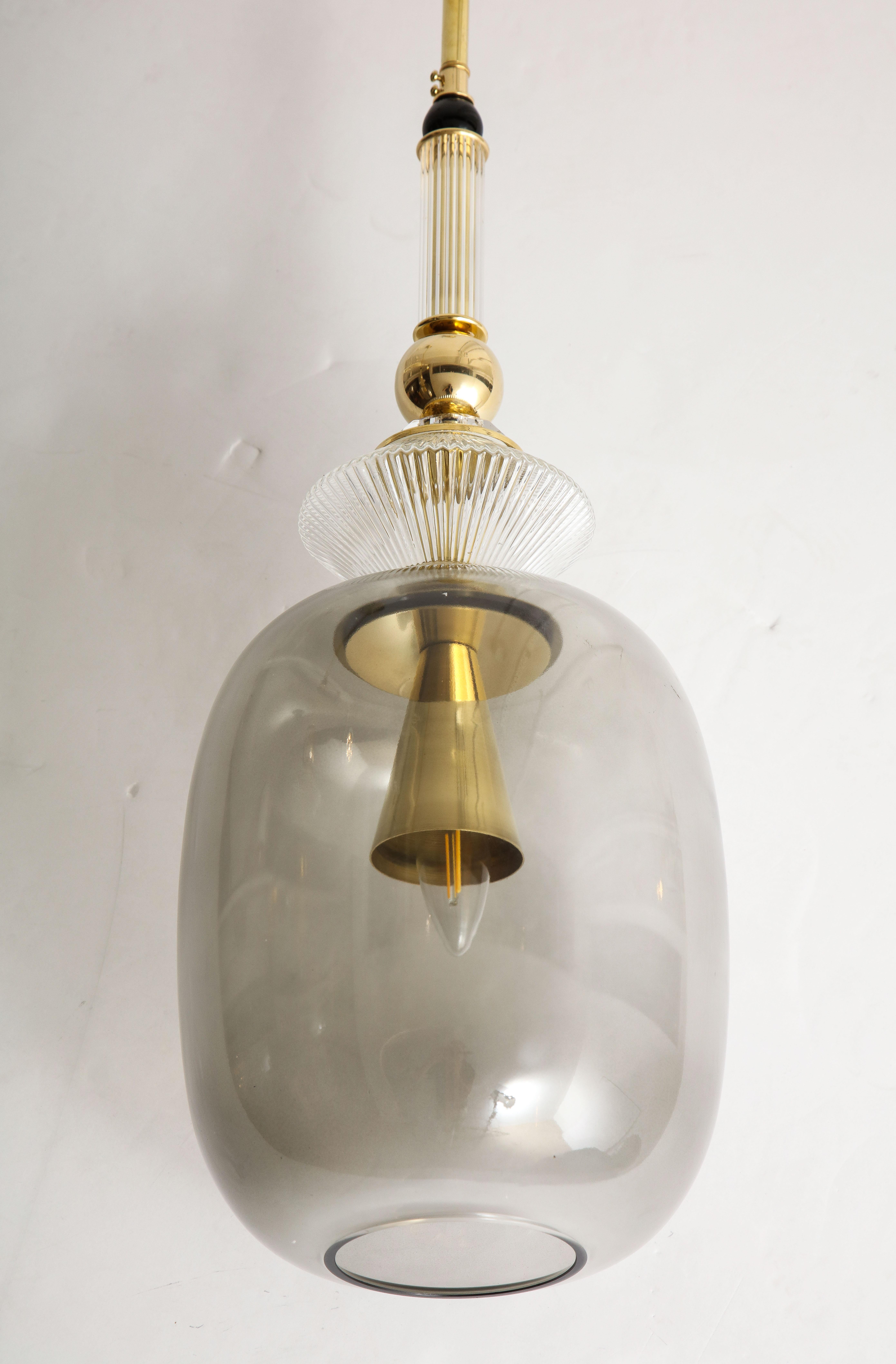 Italian Pair of Smoked Grey Taupe Murano Glass and Brass Pendant Lights, Italy, 2020
