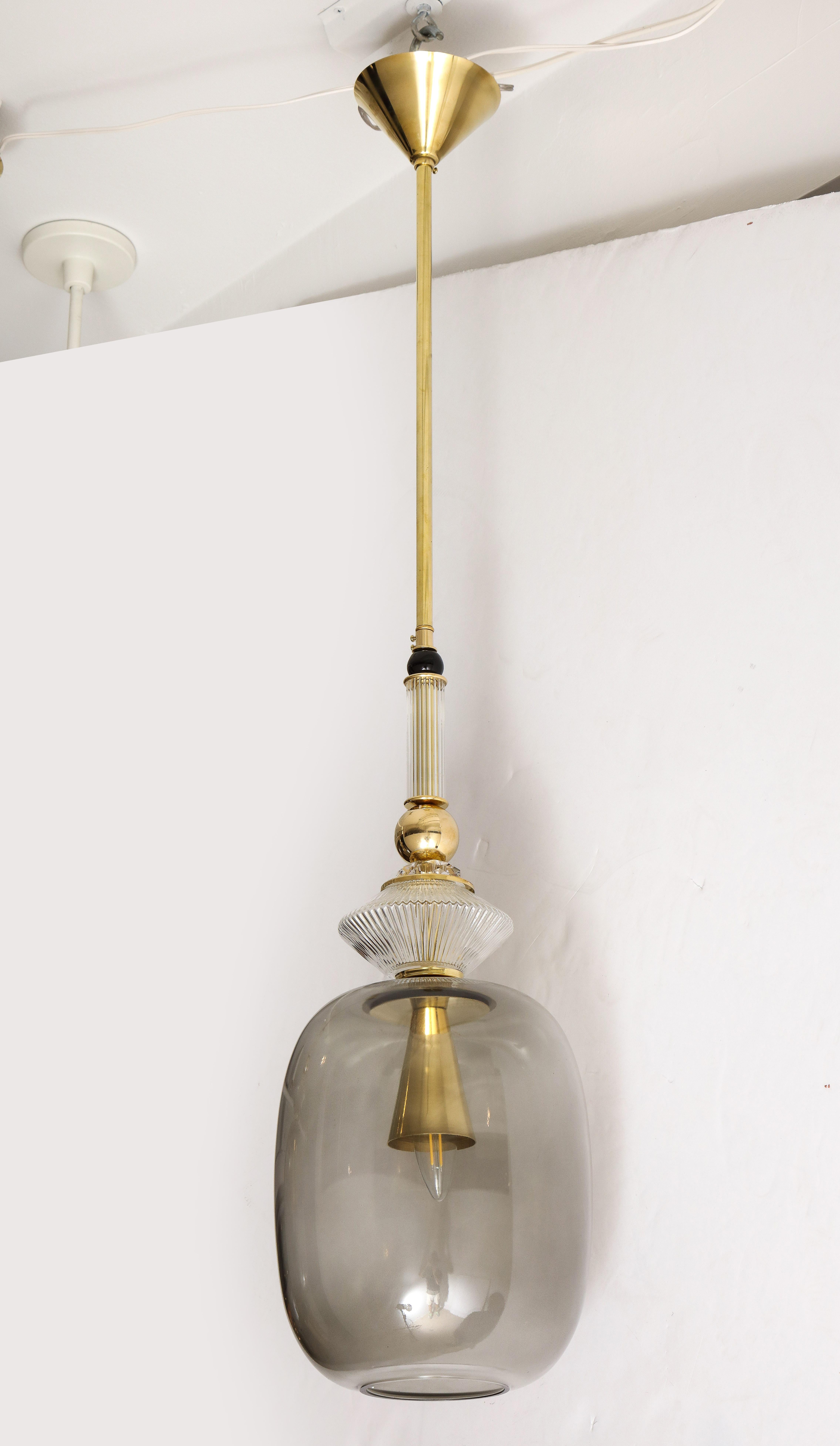 Pair of Smoked Grey Taupe Murano Glass and Brass Pendant Lights, Italy, 2020 In New Condition In New York, NY