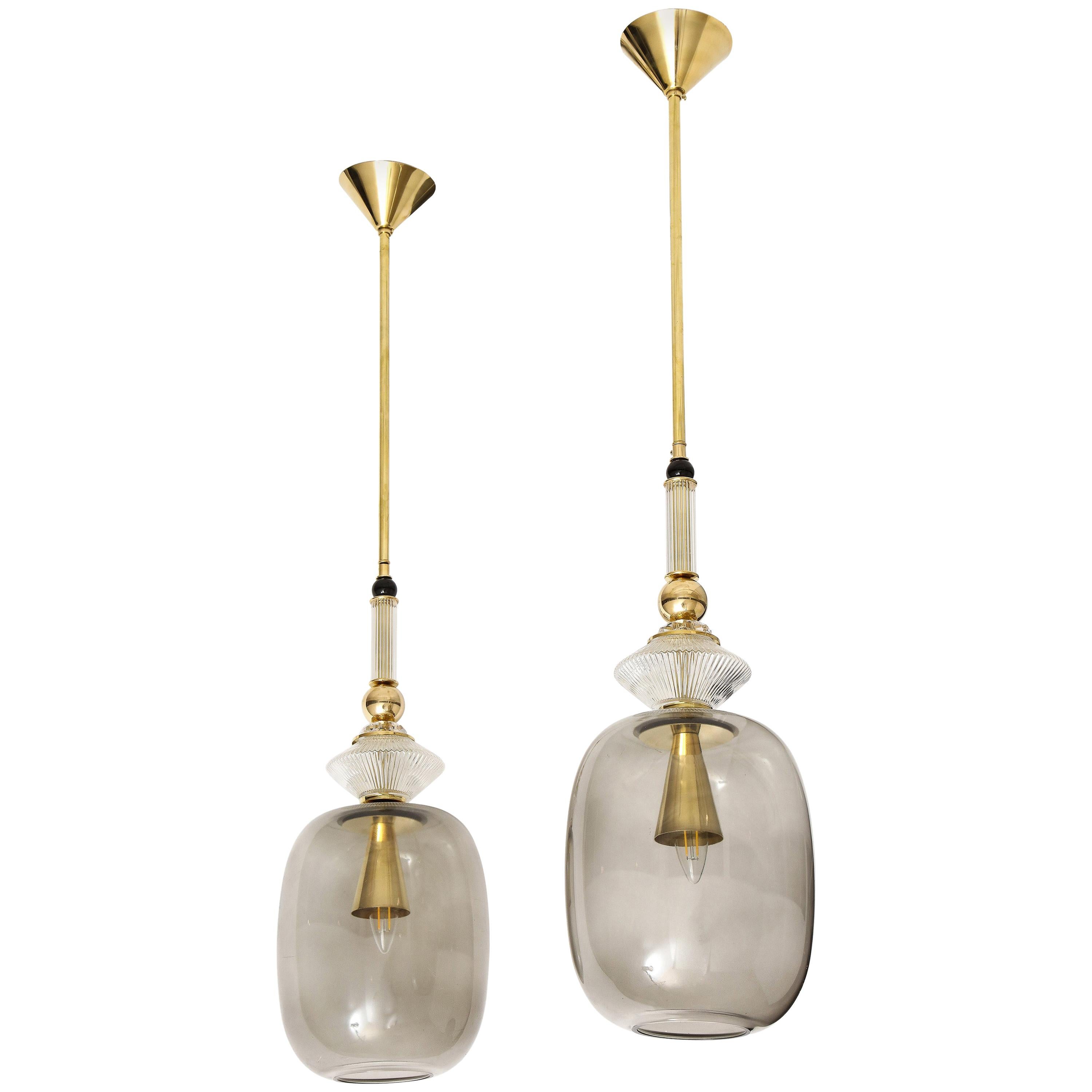 Pair of Smoked Grey Taupe Murano Glass and Brass Pendant Lights, Italy, 2020
