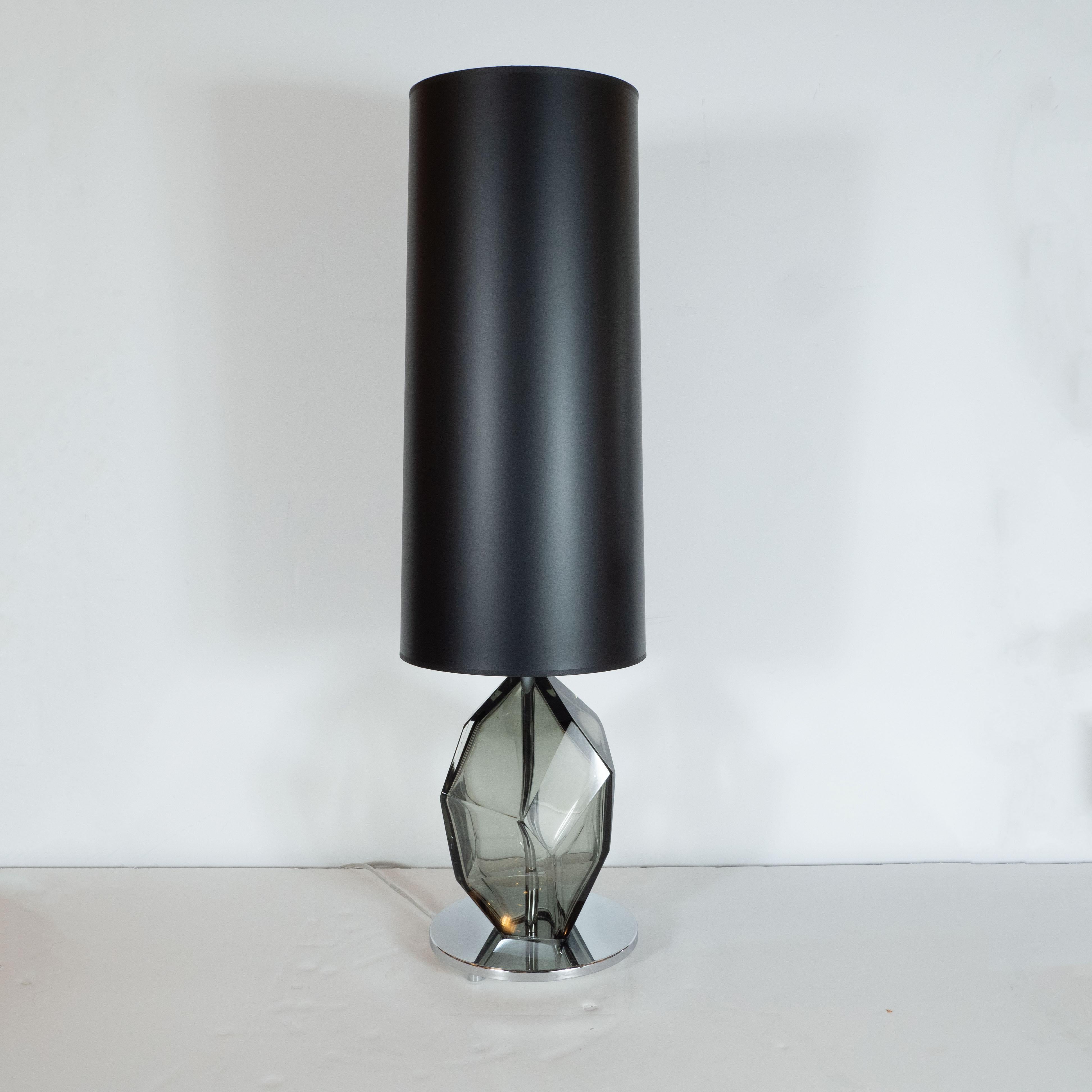 Modern Pair of Smoked Pewter Faceted Murano Glass Table Lamps with Nickel Fittings For Sale