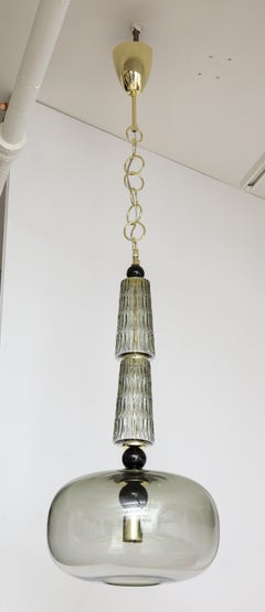 Pair of Smoke Taupe Grey Murano Glass Globes and Brass Pendants, Italy