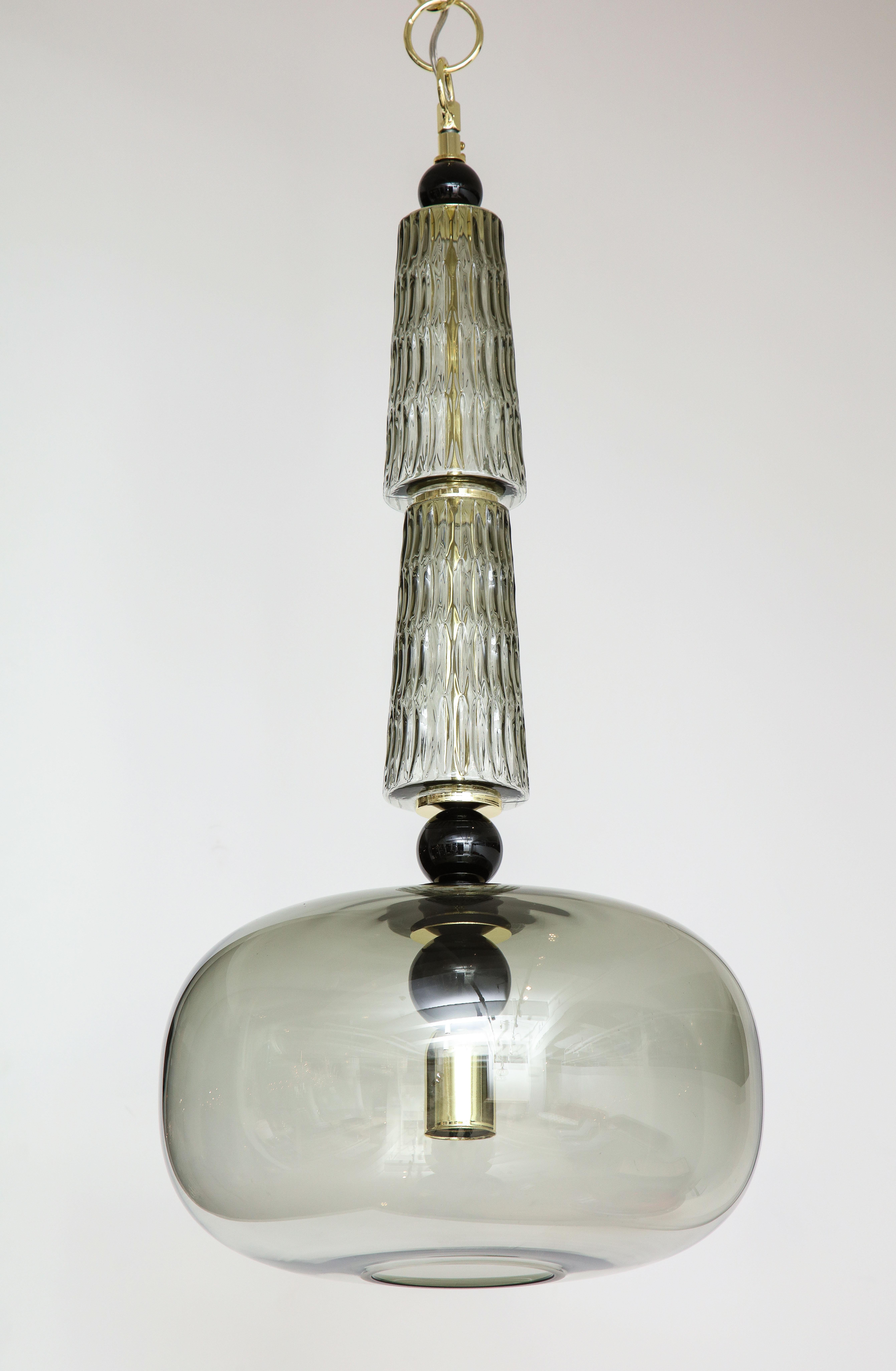 Italian Pair of Smoke Taupe Grey Murano Glass Globes and Brass Pendants, Italy