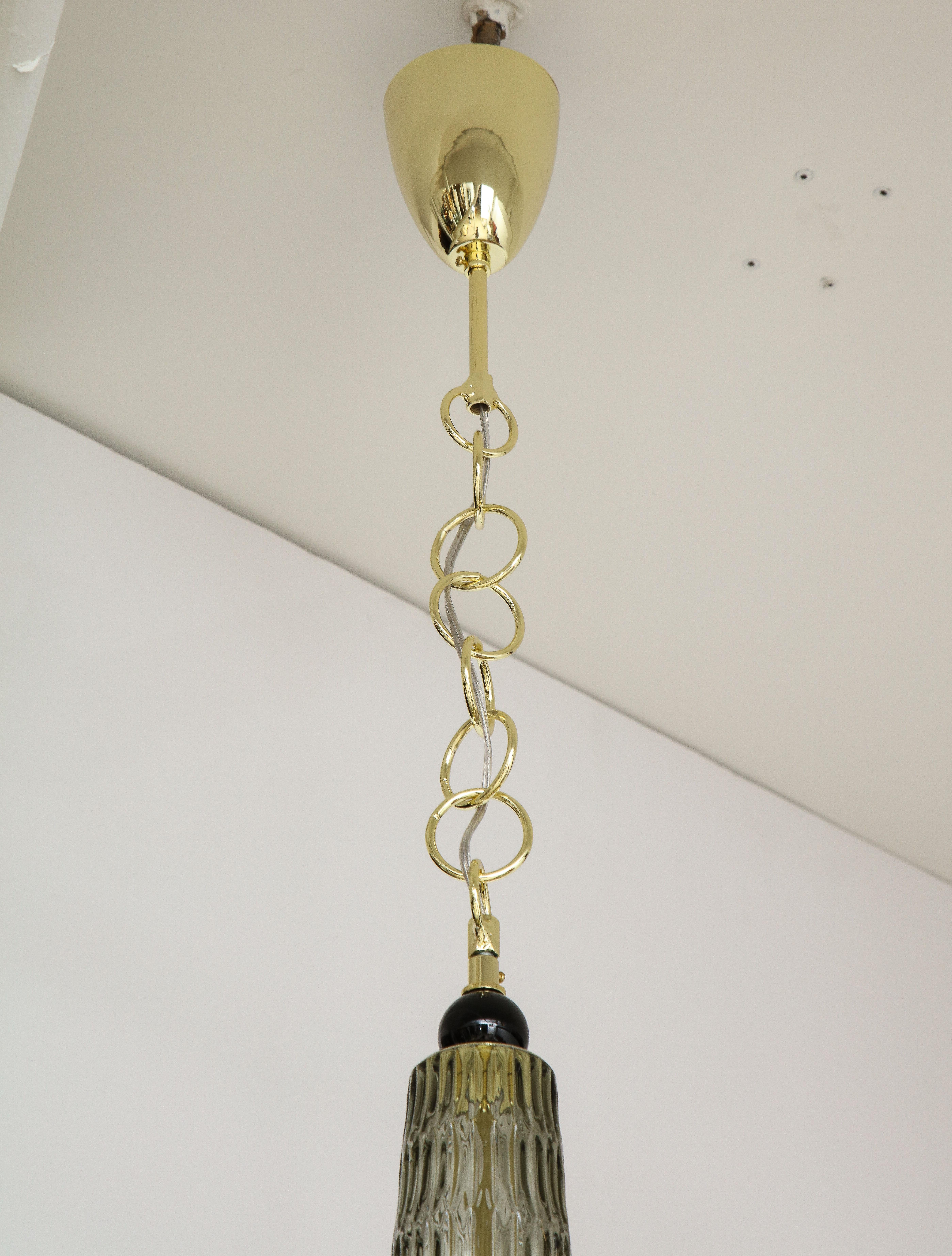 Contemporary Pair of Smoke Taupe Grey Murano Glass Globes and Brass Pendants, Italy
