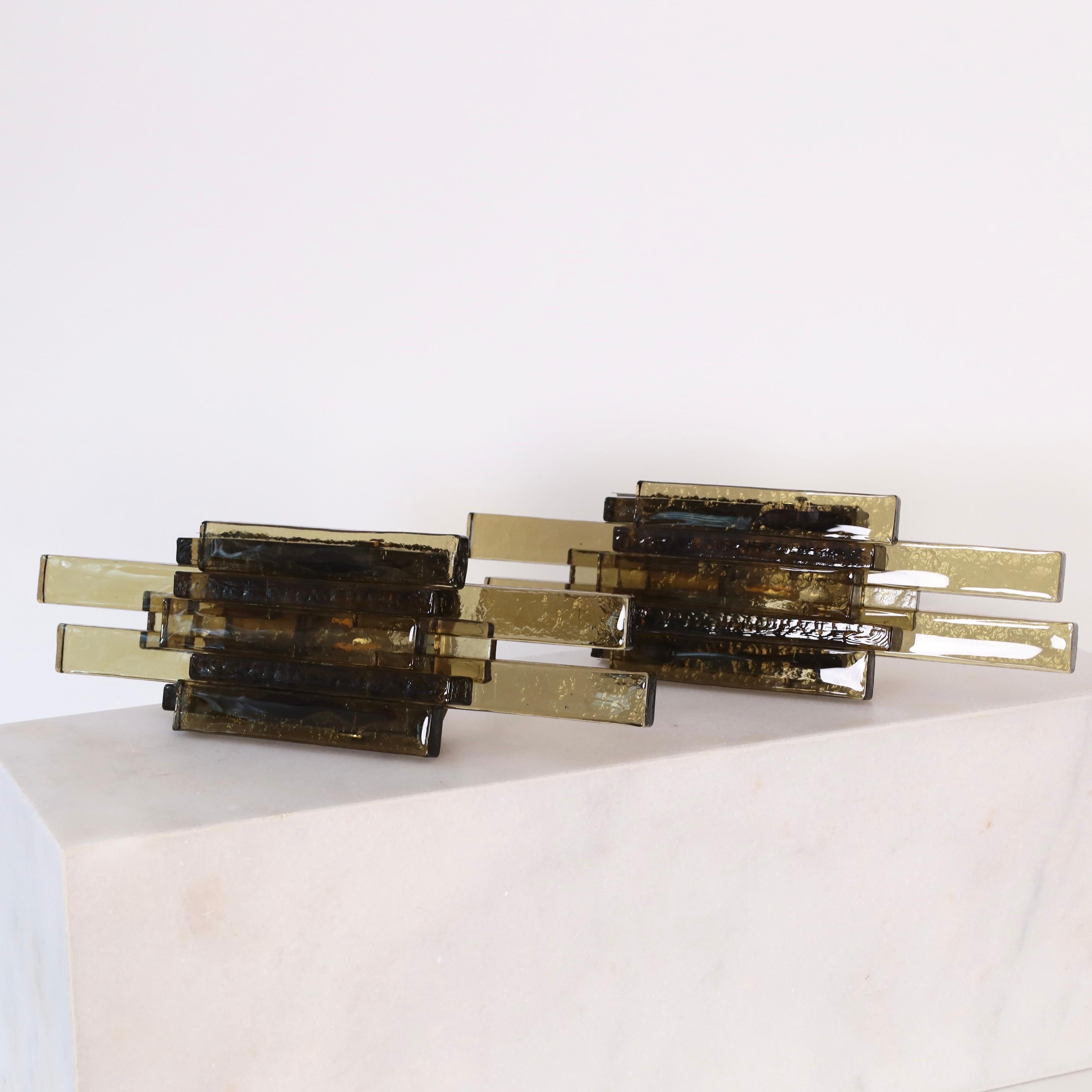 Metal Pair of Smoke-Coloured Glass Wall Lamps by Holm Sørensen, 1960s, Denmark For Sale