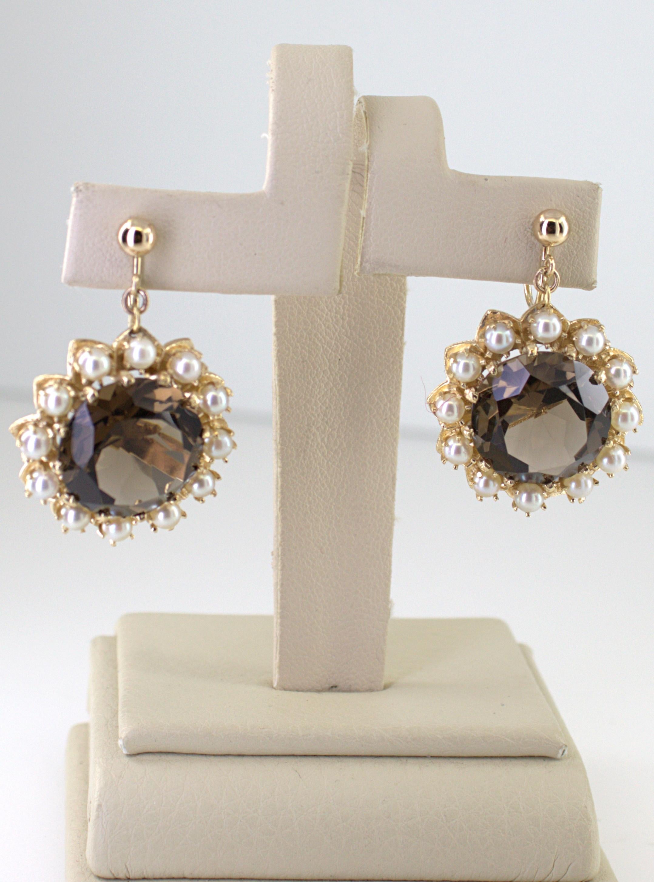 Pair of Smokey Quartz, Cultured Pearl, 14K Yellow Gold Earrings For Sale 4