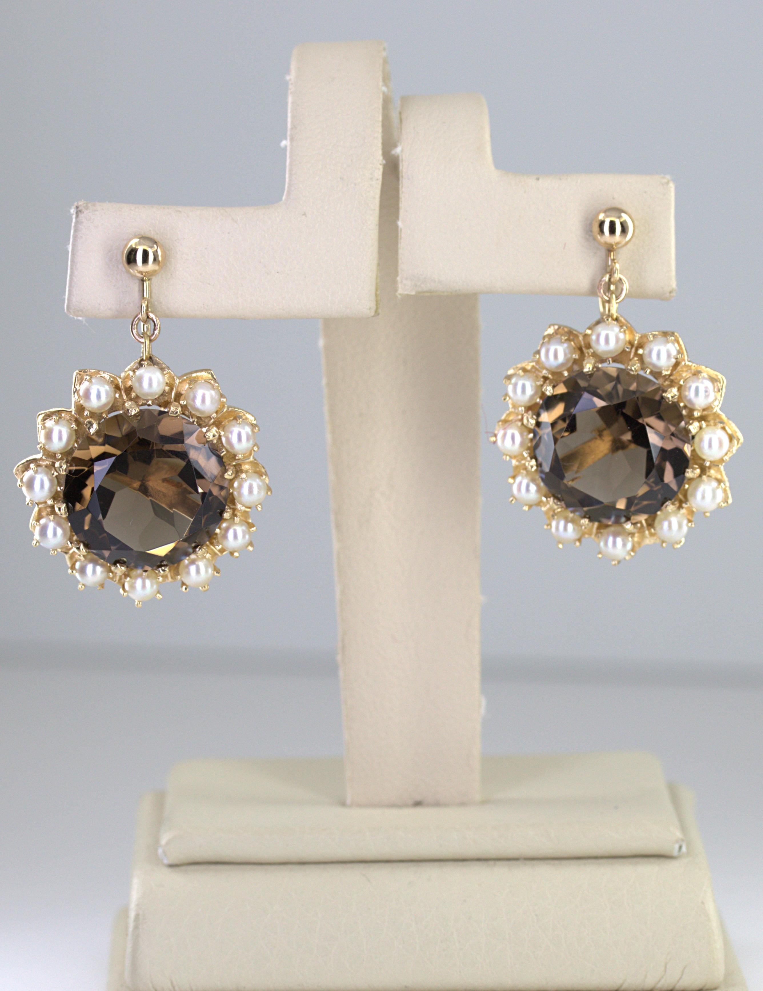 Pair of Smokey Quartz, Cultured Pearl, 14K Yellow Gold Earrings For Sale 5