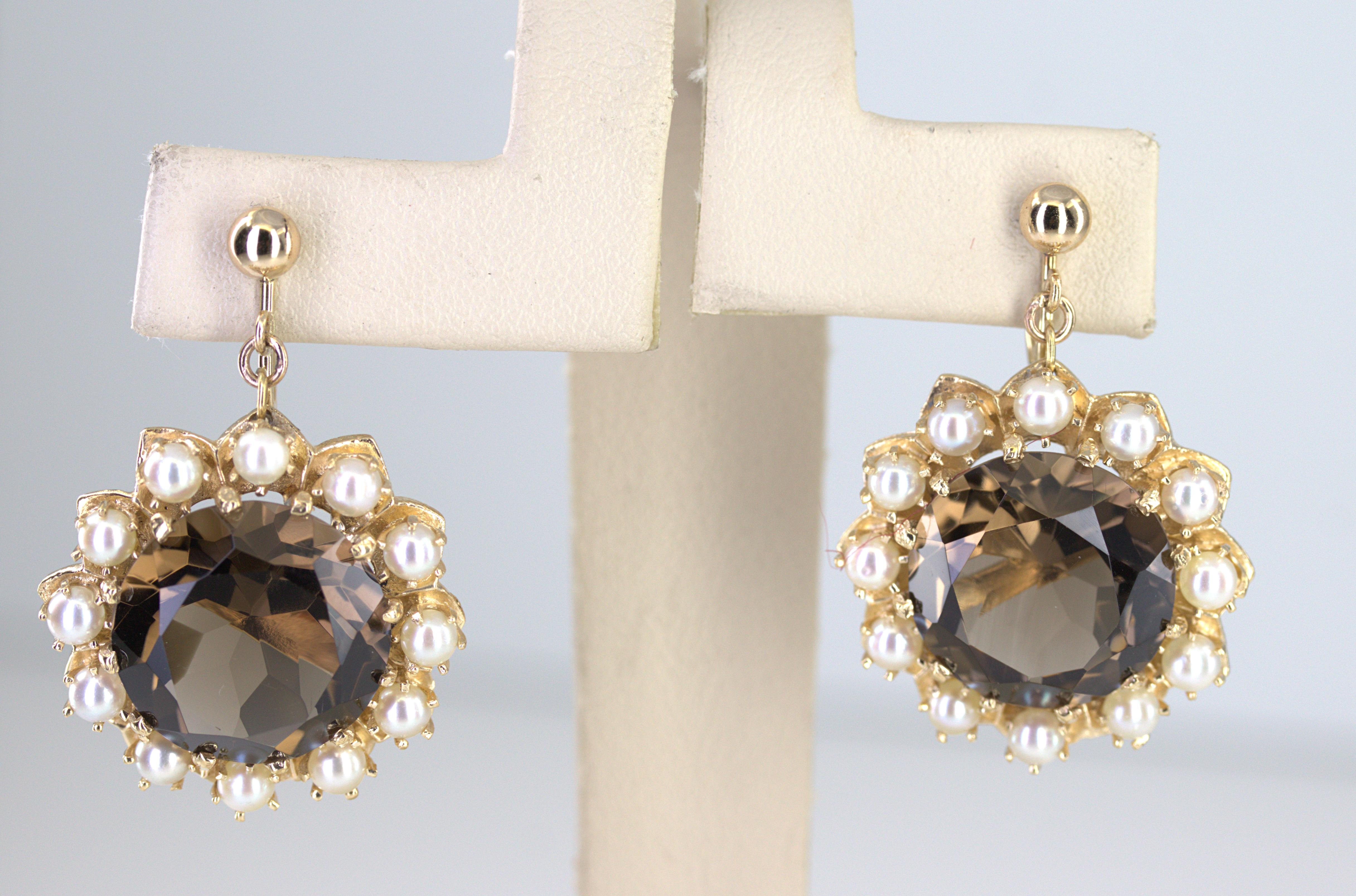 Pair of Smokey Quartz, Cultured Pearl, 14K Yellow Gold Earrings For Sale 6
