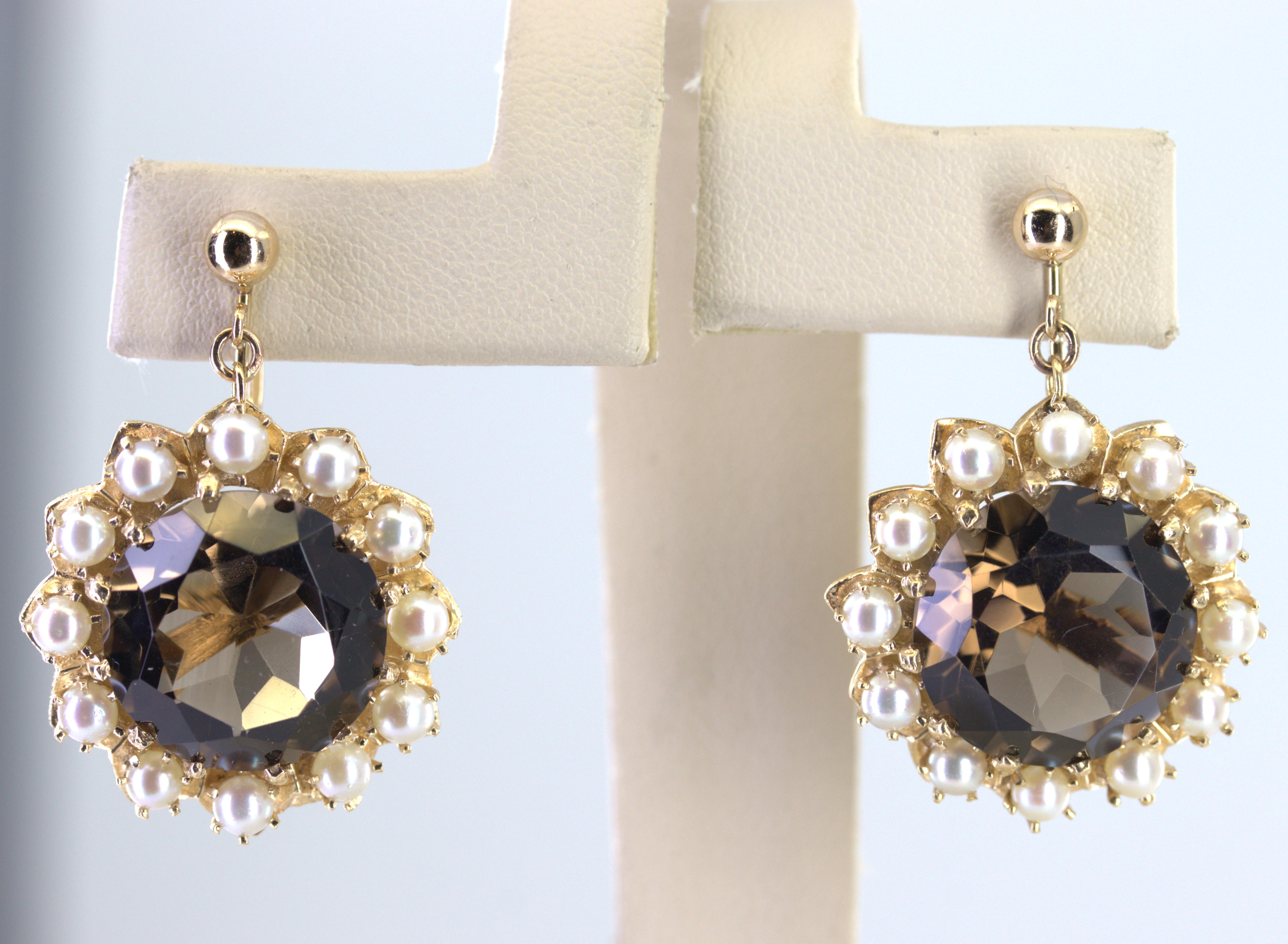 Pair of Smokey Quartz, Cultured Pearl, 14K Yellow Gold Earrings For Sale 7