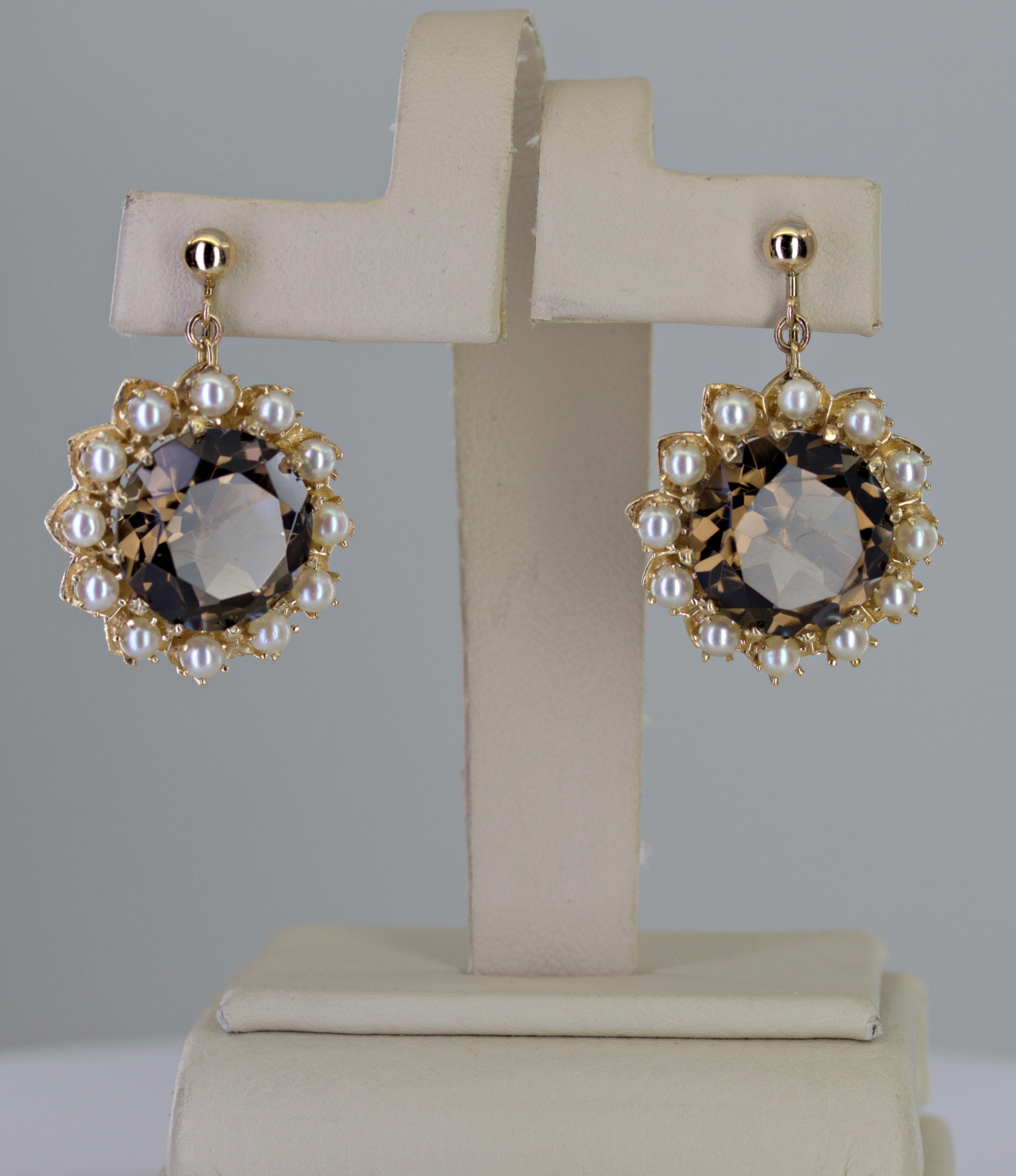 Pair of Smokey Quartz, Cultured Pearl, 14K Yellow Gold Earrings For Sale 8