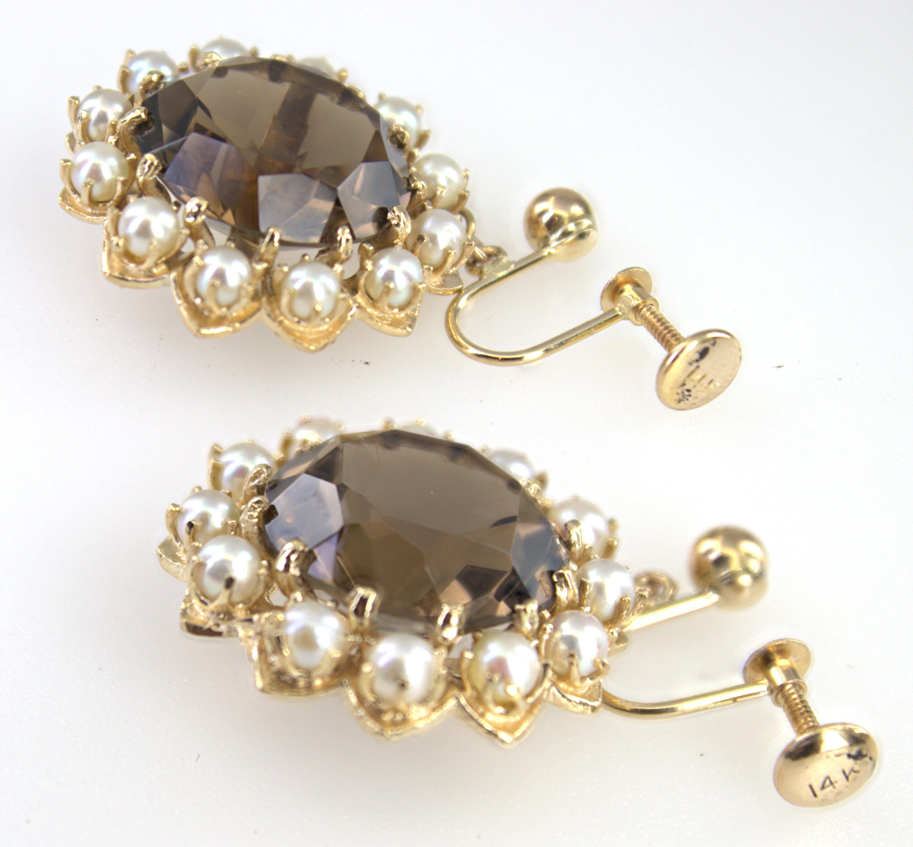 Artisan Pair of Smokey Quartz, Cultured Pearl, 14K Yellow Gold Earrings For Sale