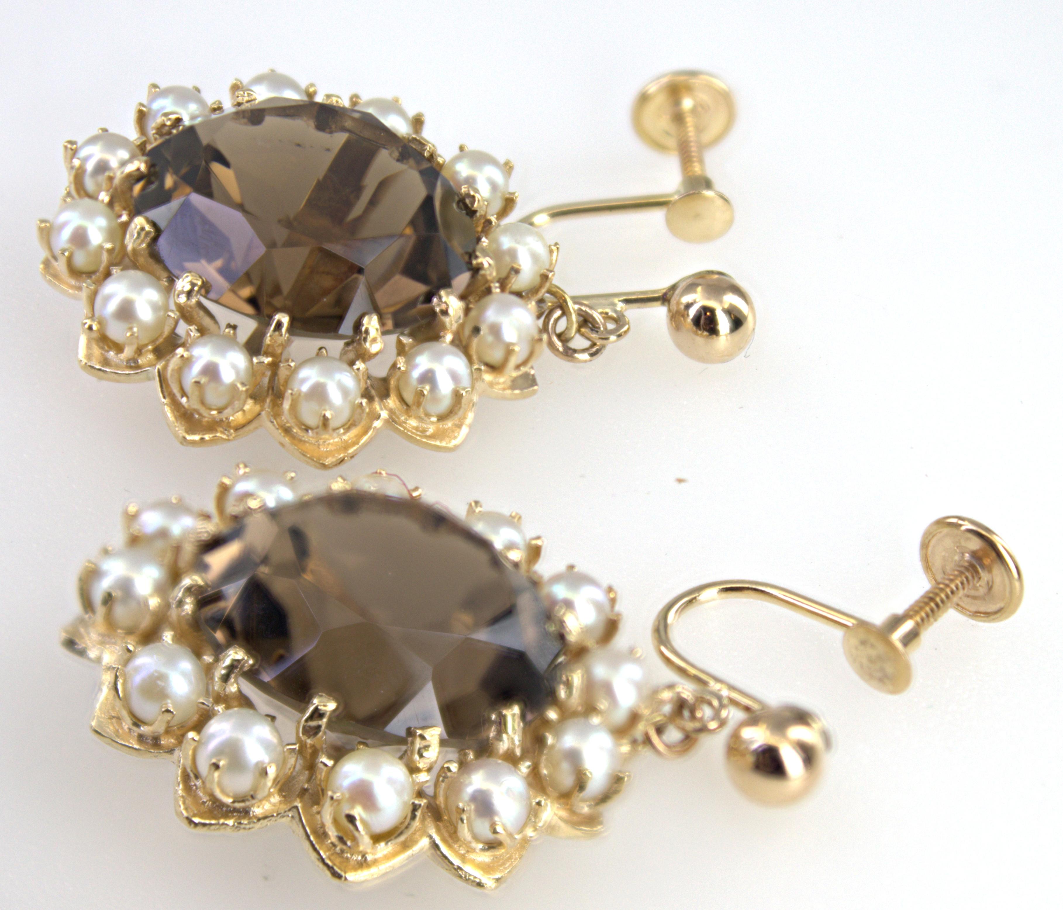 Mixed Cut Pair of Smokey Quartz, Cultured Pearl, 14K Yellow Gold Earrings For Sale