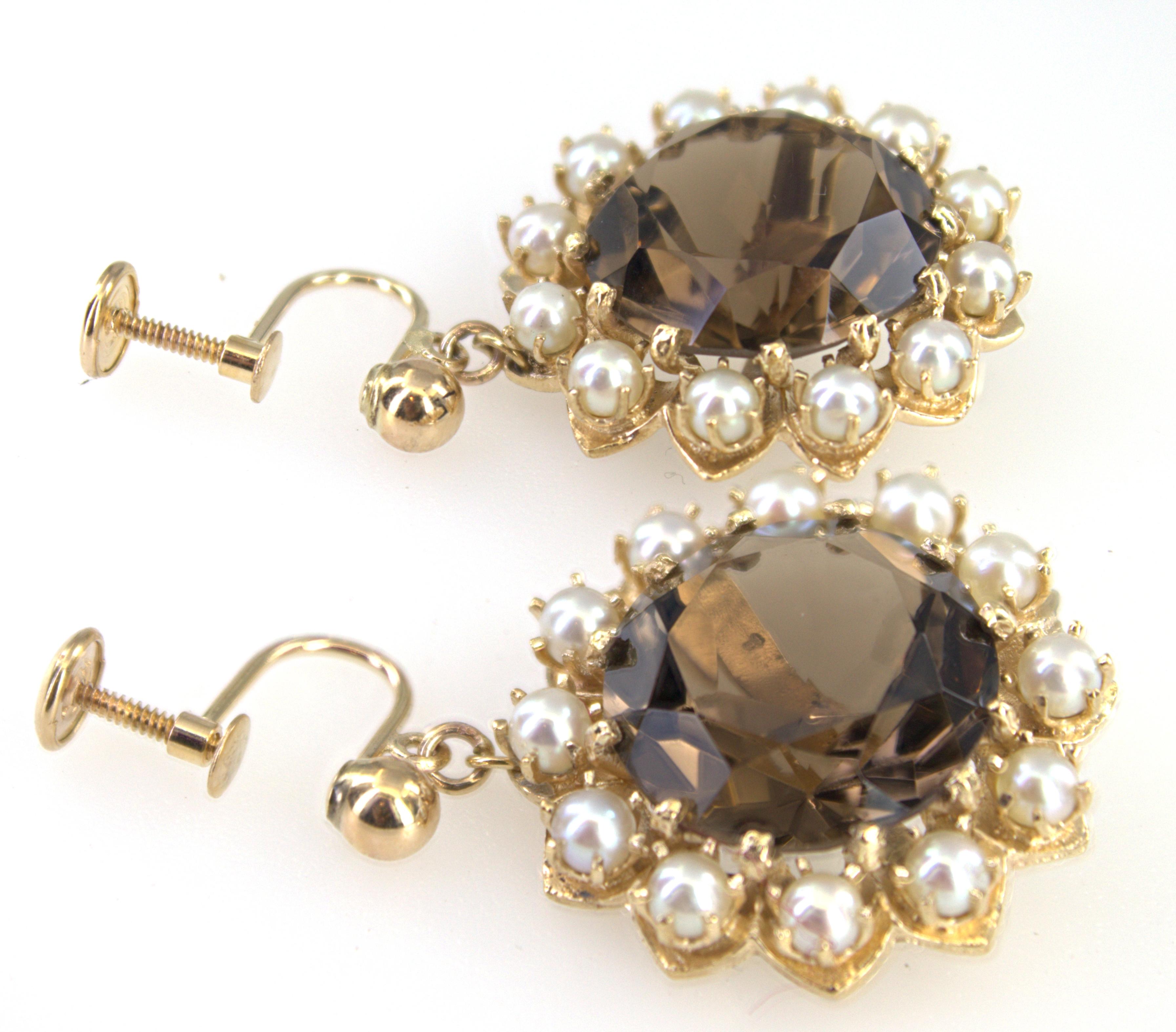 Pair of Smokey Quartz, Cultured Pearl, 14K Yellow Gold Earrings In Good Condition For Sale In Pleasant Hill, CA