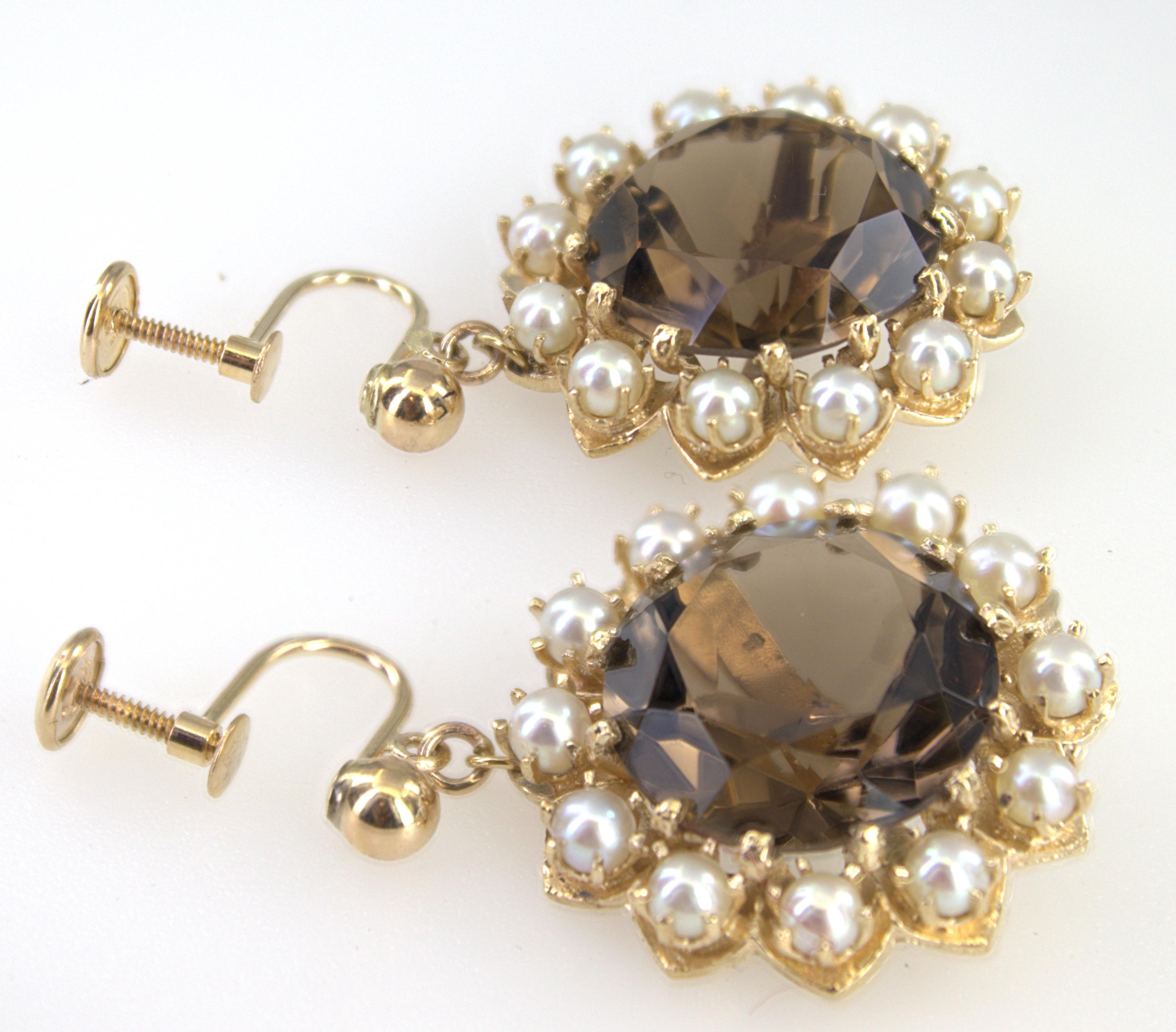 Women's Pair of Smokey Quartz, Cultured Pearl, 14K Yellow Gold Earrings For Sale