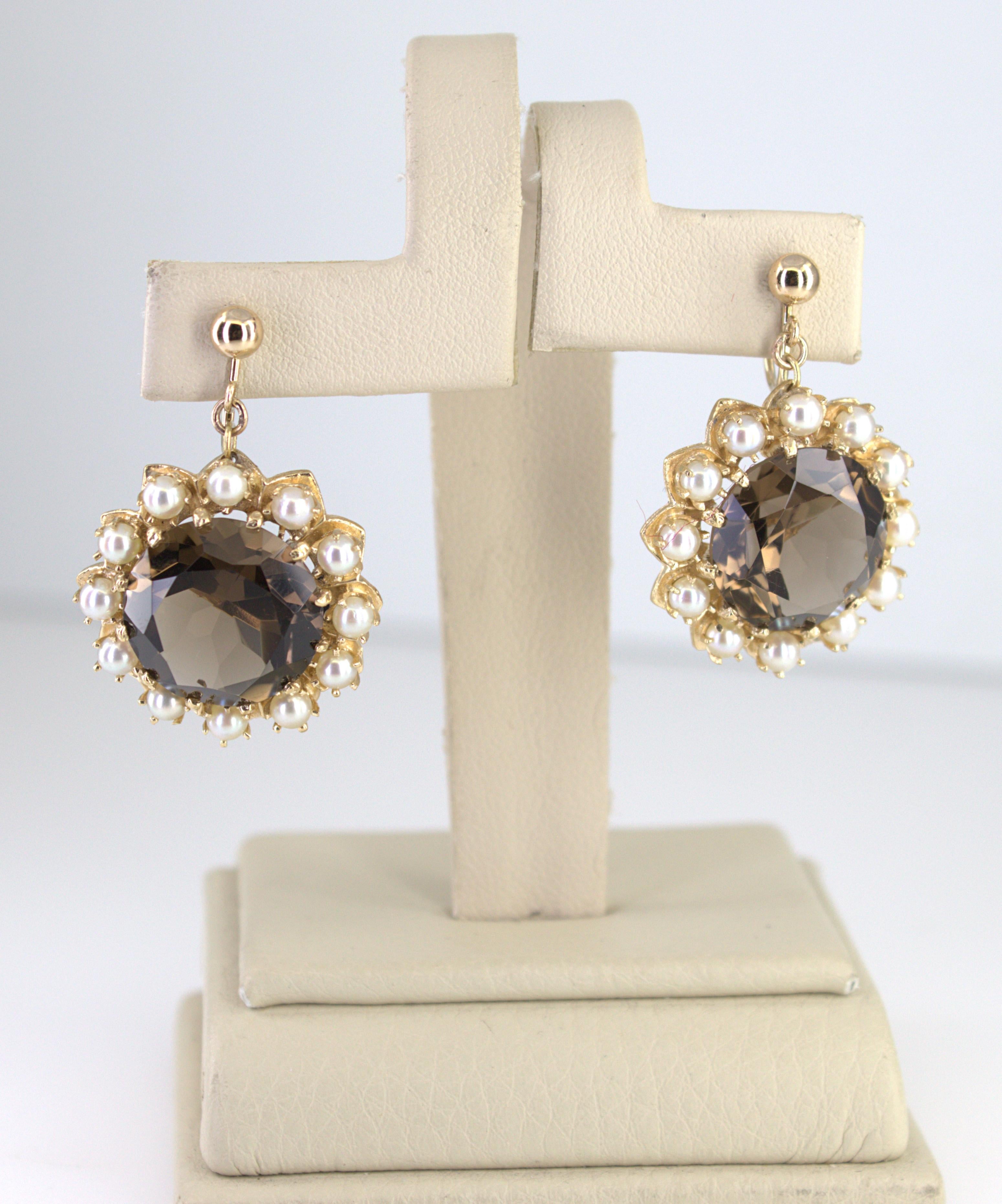 Pair of Smokey Quartz, Cultured Pearl, 14K Yellow Gold Earrings For Sale 1