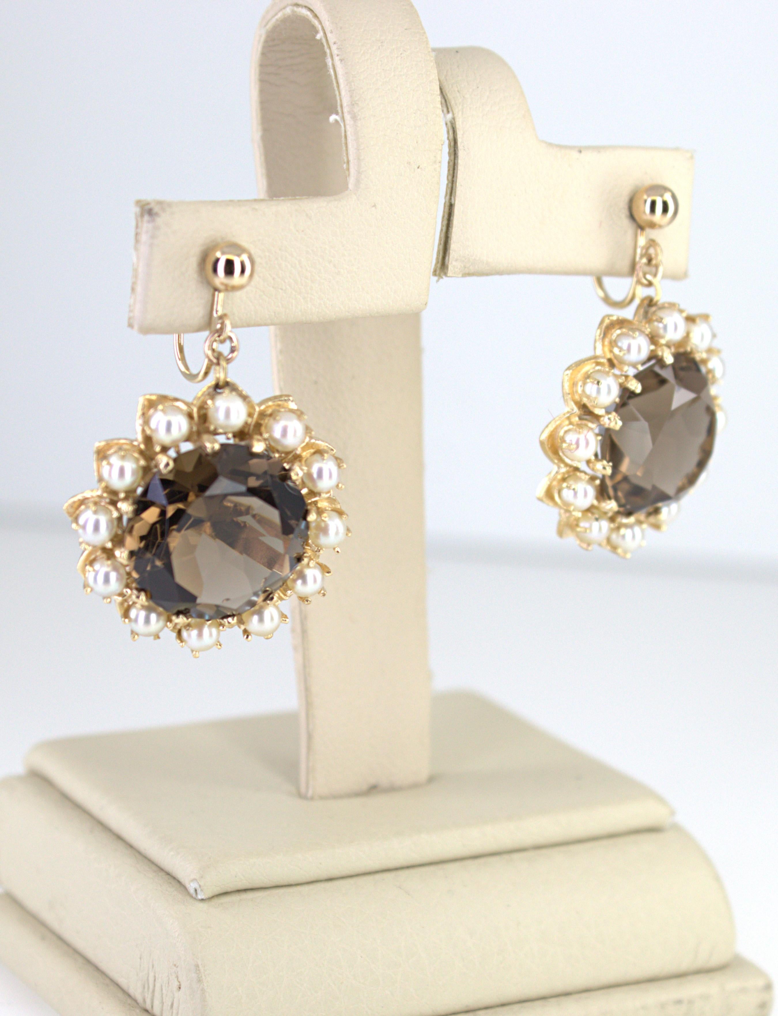 Pair of Smokey Quartz, Cultured Pearl, 14K Yellow Gold Earrings For Sale 2