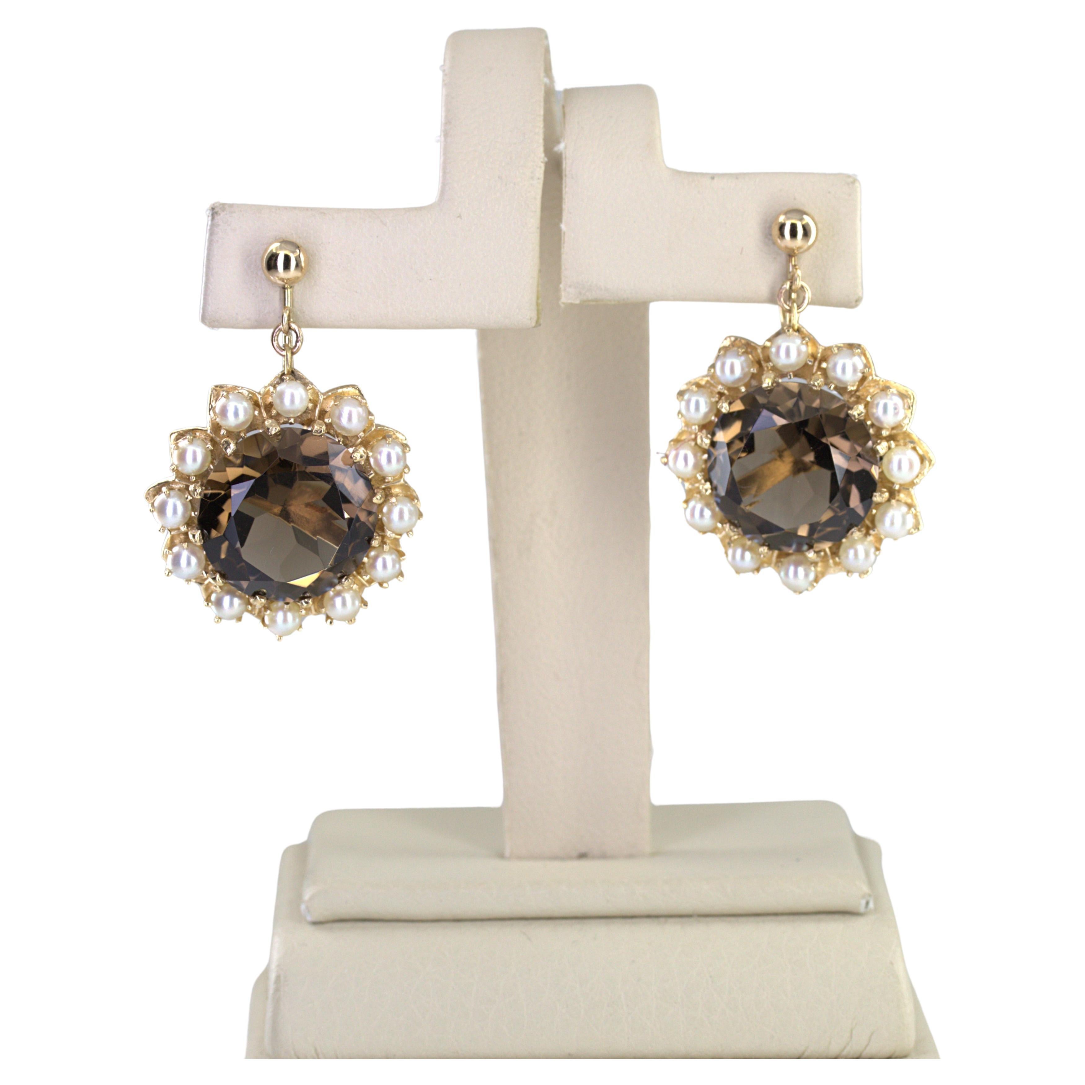 Pair of Smokey Quartz, Cultured Pearl, 14K Yellow Gold Earrings For Sale