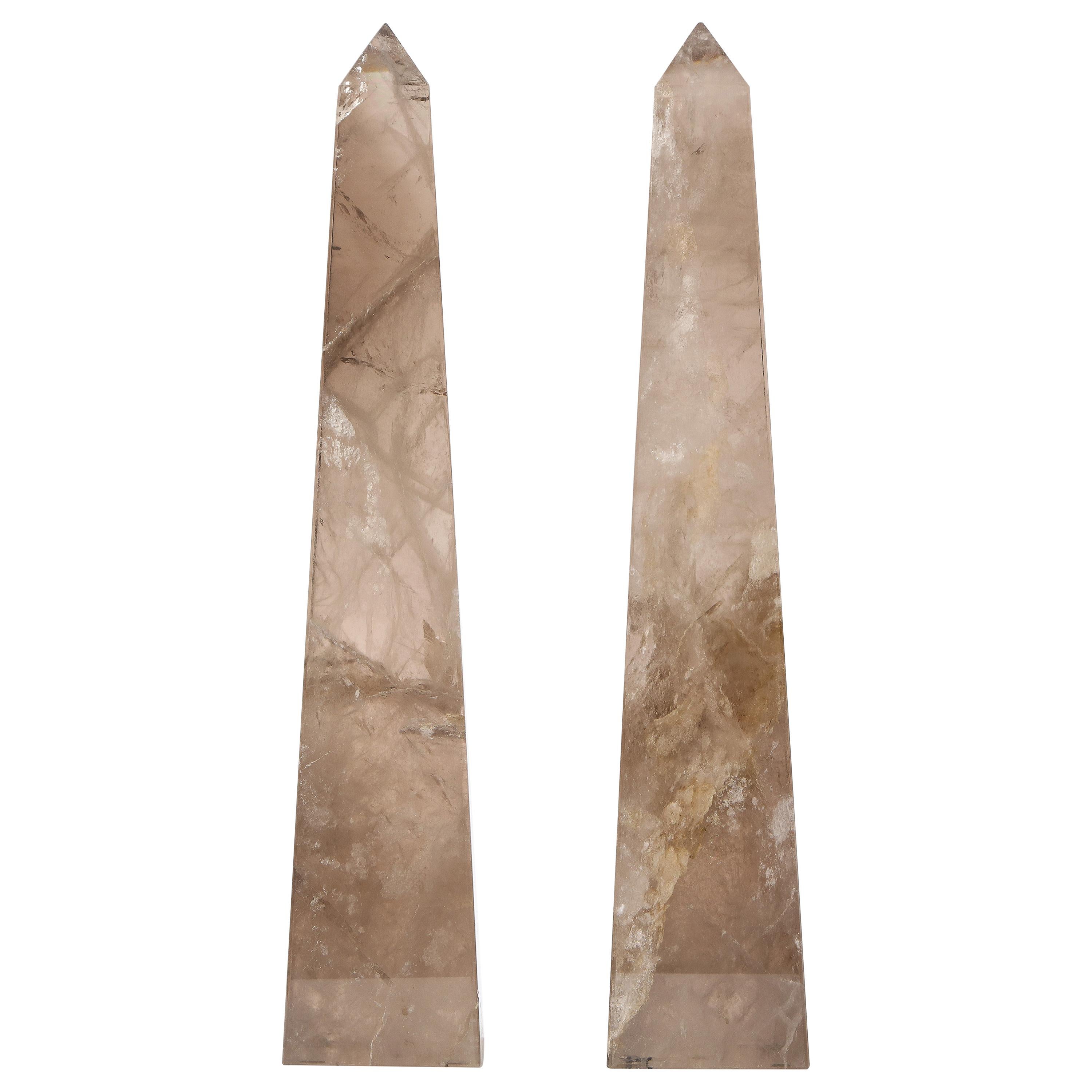 Pair of Smokey Rock Crystal Quartz Hand Carved and Hand-Polished Obelisks