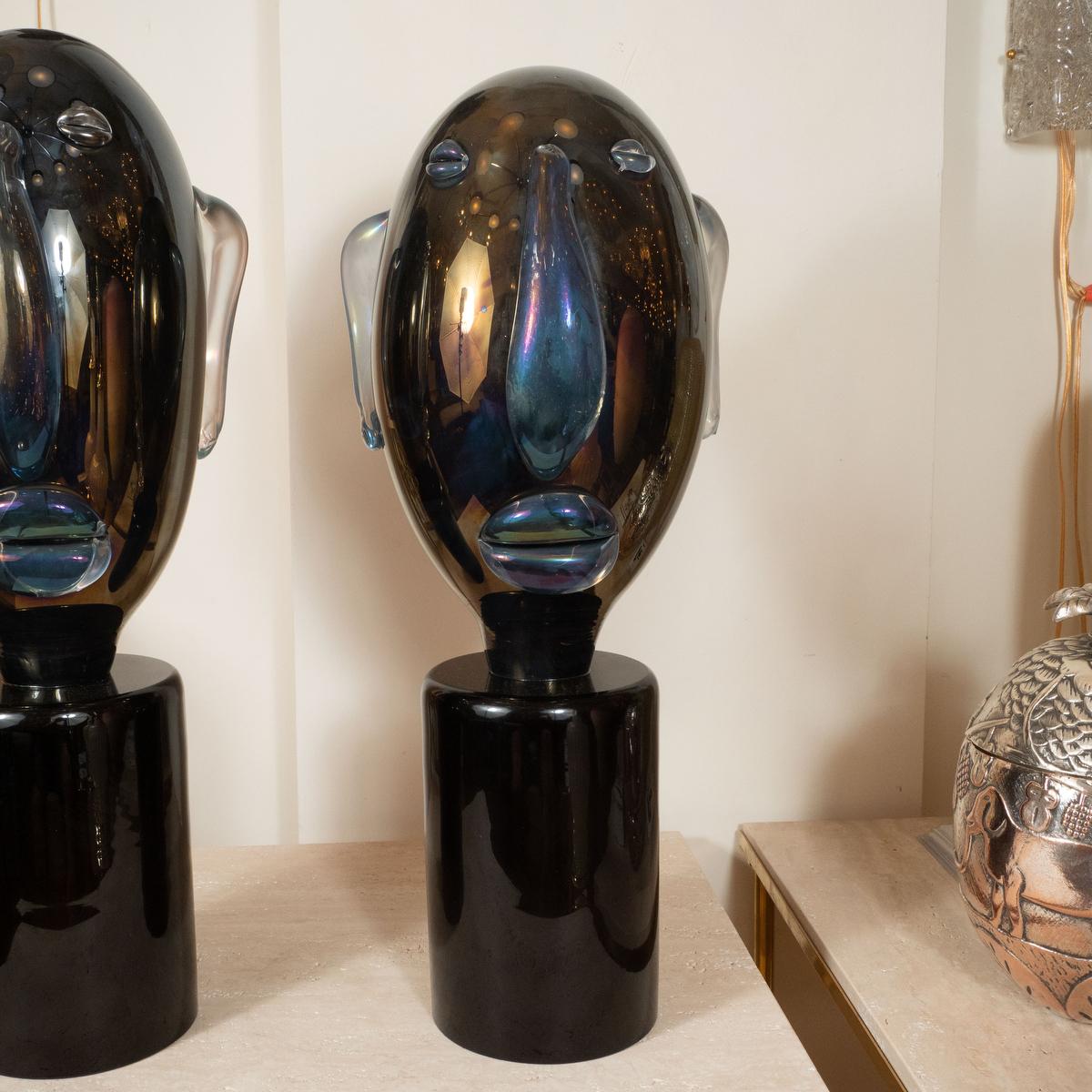 Italian Pair of Smoky Glass Head Sculptures
