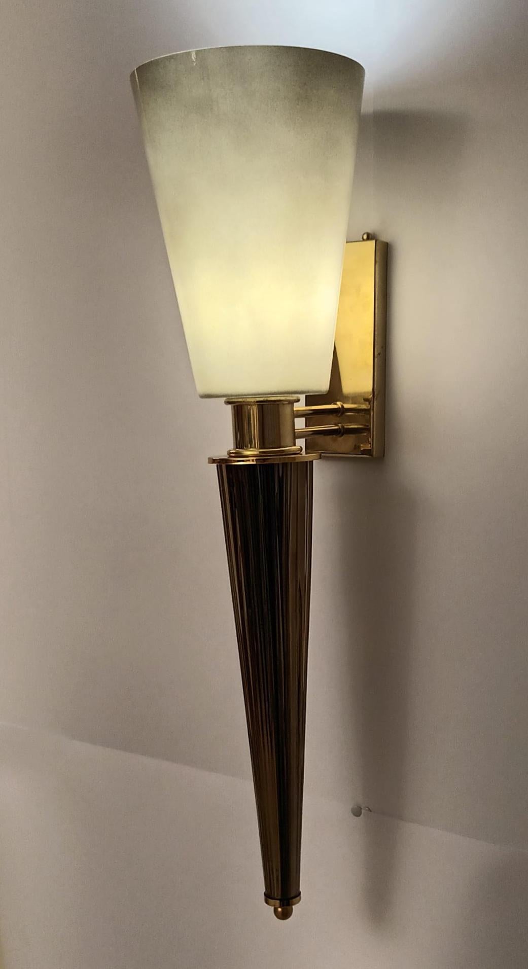 Brass Pair of Smoky Gray Torchere Sconces - 2 Pairs Available