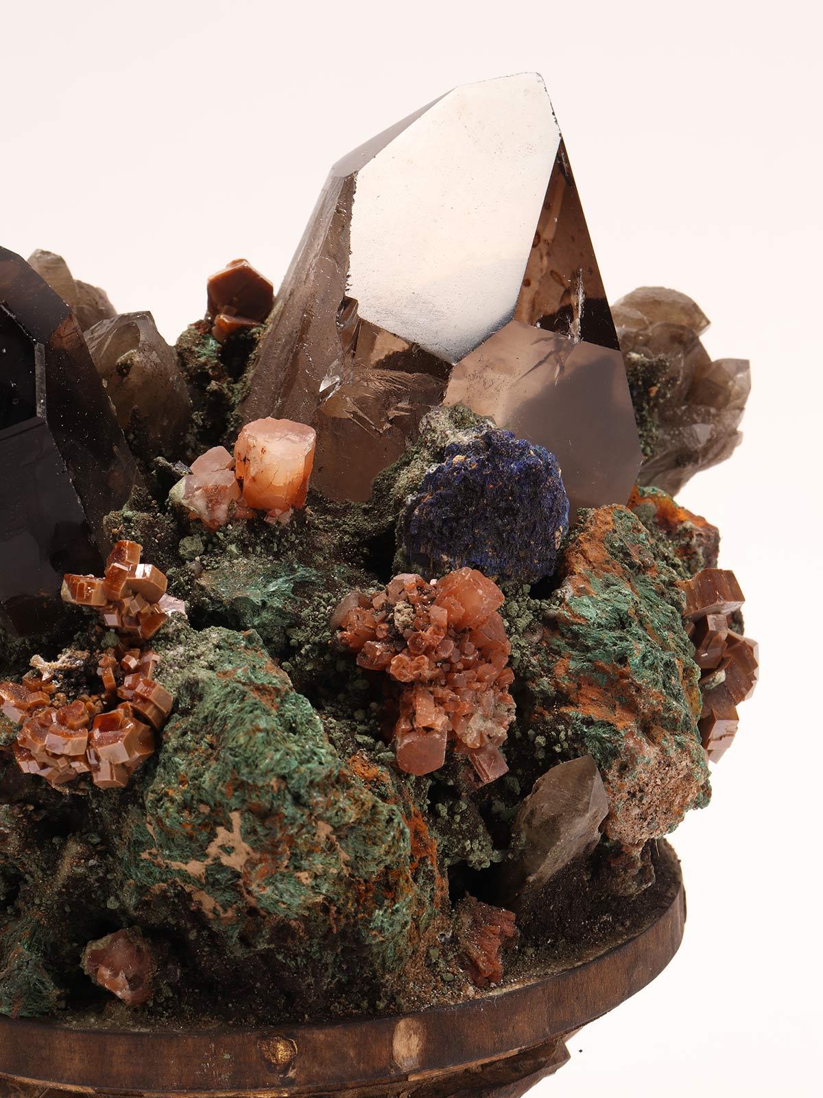 19th Century Pair of Smoky Quartz, Vanadinite, Malachite, Copper Crystals, Italy, circa 1880 For Sale