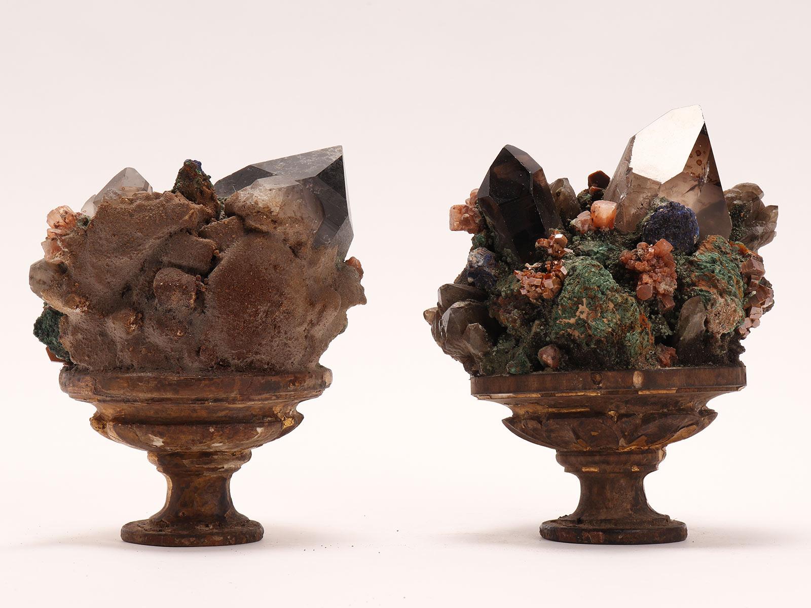 Pair of Smoky Quartz, Vanadinite, Malachite, Copper Crystals, Italy, circa 1880 For Sale 2