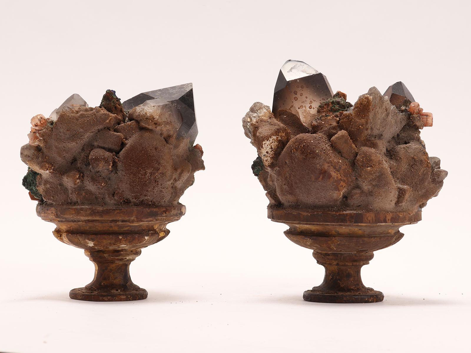 Pair of Smoky Quartz, Vanadinite, Malachite, Copper Crystals, Italy, circa 1880 For Sale 3