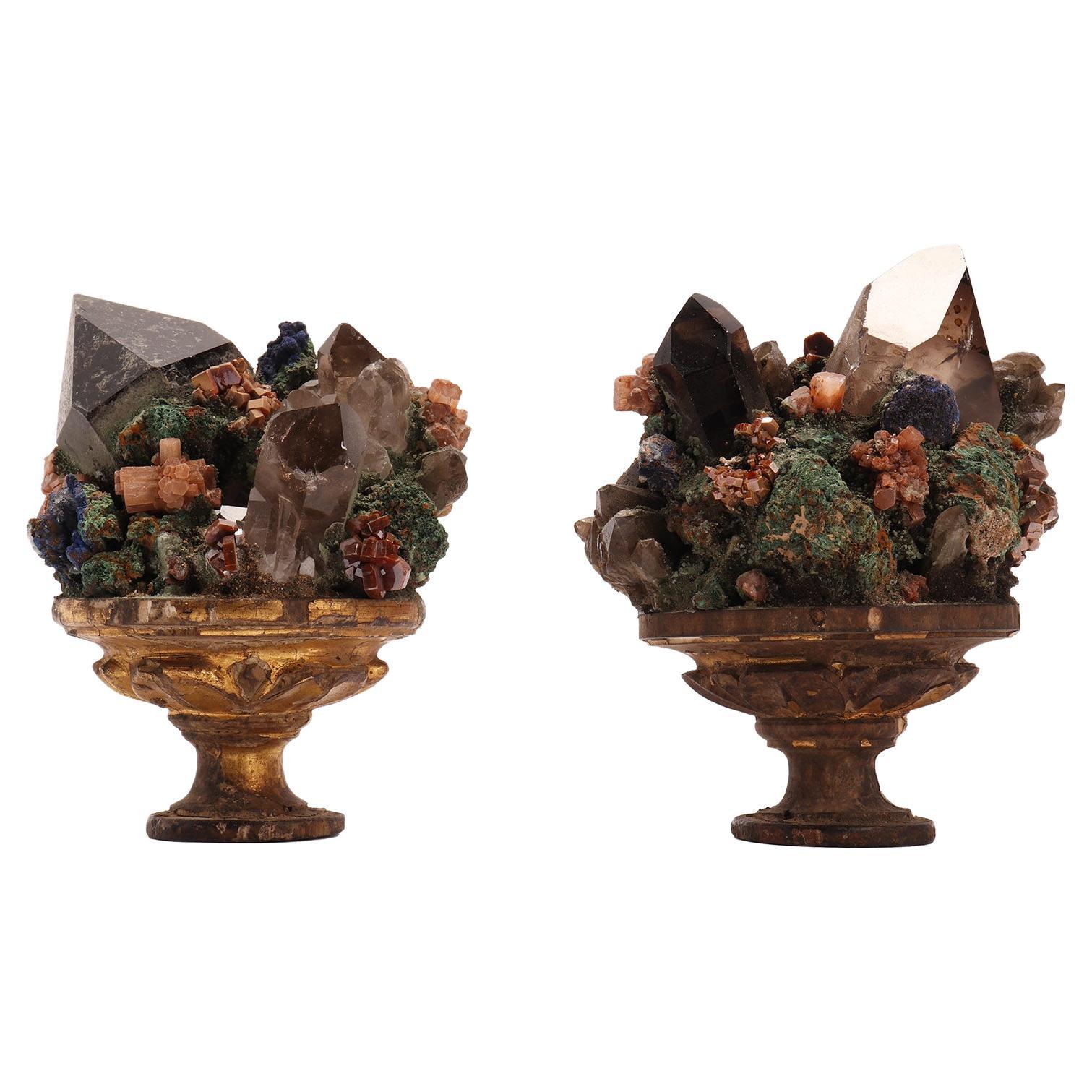 Pair of Smoky Quartz, Vanadinite, Malachite, Copper Crystals, Italy, circa 1880 For Sale