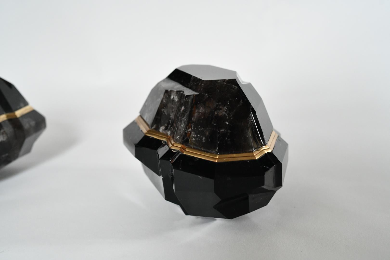 Contemporary Multifaceted Smoky Rock Crystal Boxes by Phoenix For Sale