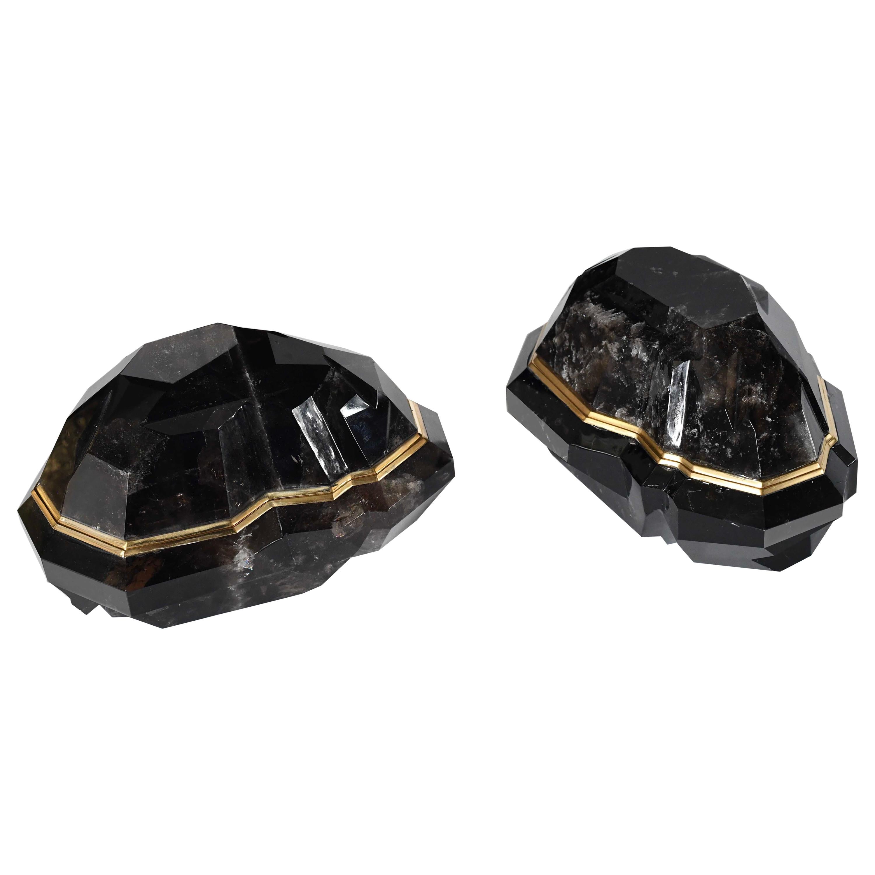 Multifaceted Smoky Rock Crystal Boxes by Phoenix For Sale