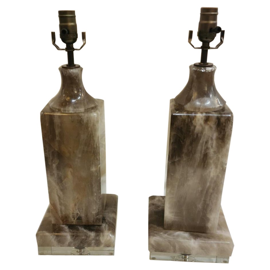 Pair Of Smoky Rock Crystal Lamps