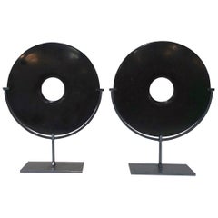 Pair of Smooth Black Stone Disc Sculptures, China, Contemporary Pair of Smooth Black Stone Disc Sculptures, China, Contemporary