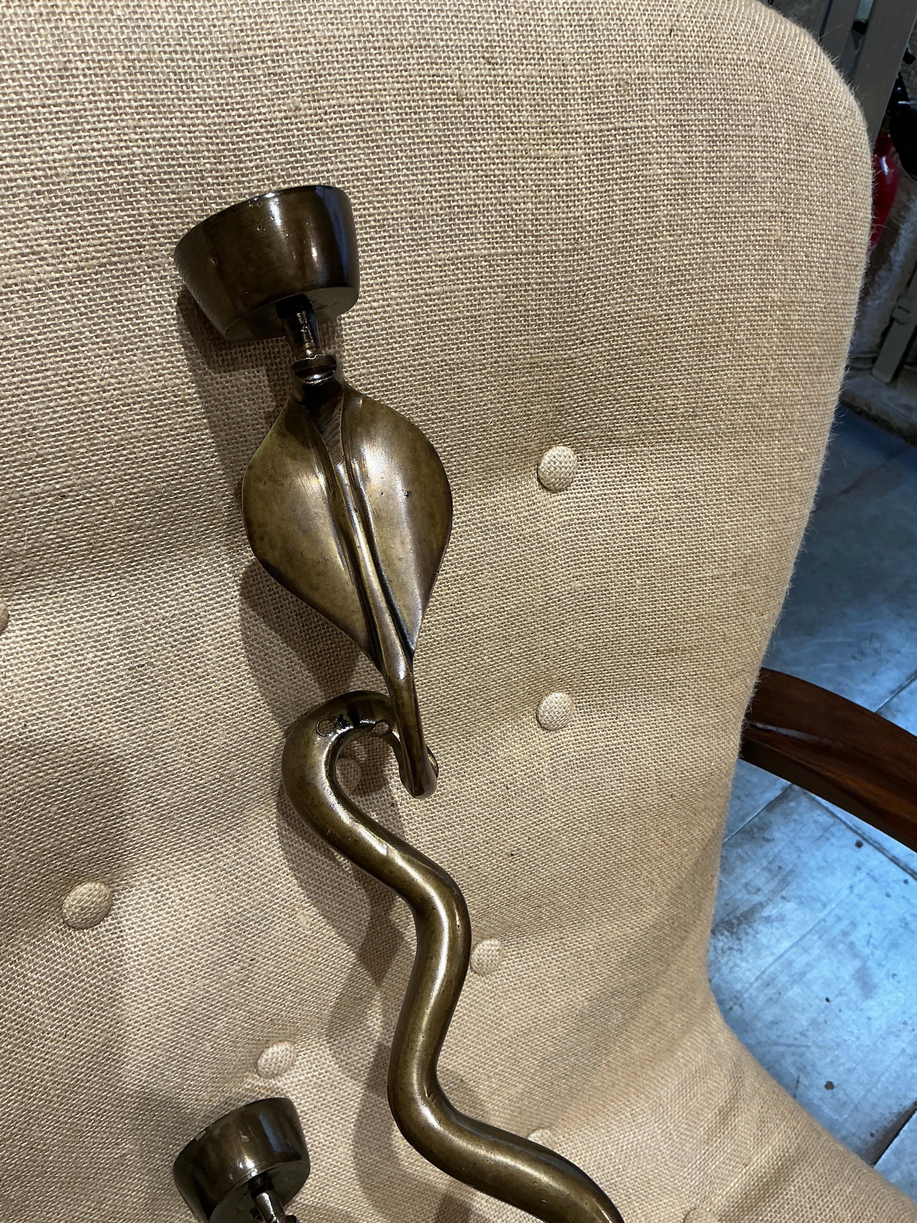 Nice pair of snakes sconces italy circa 1960
Brass with bronze patina 
For one light - easy to wire 