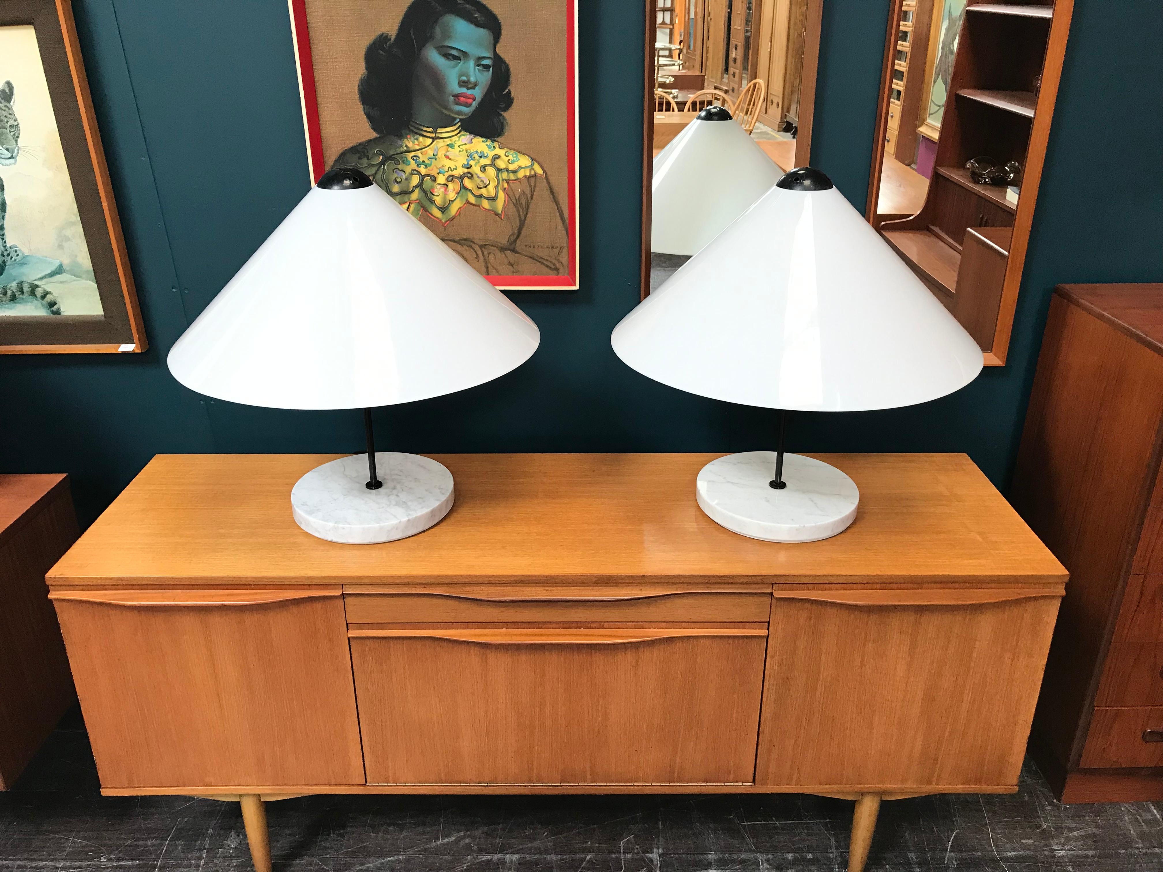 Fabulous table lamps with Italian marble bases and plastic shade. These table lamps were designed by the legendary Italian designer Vico Magestretti and manufactured in the 1970s. If you’ve not come across these before, note the ‘oversized’