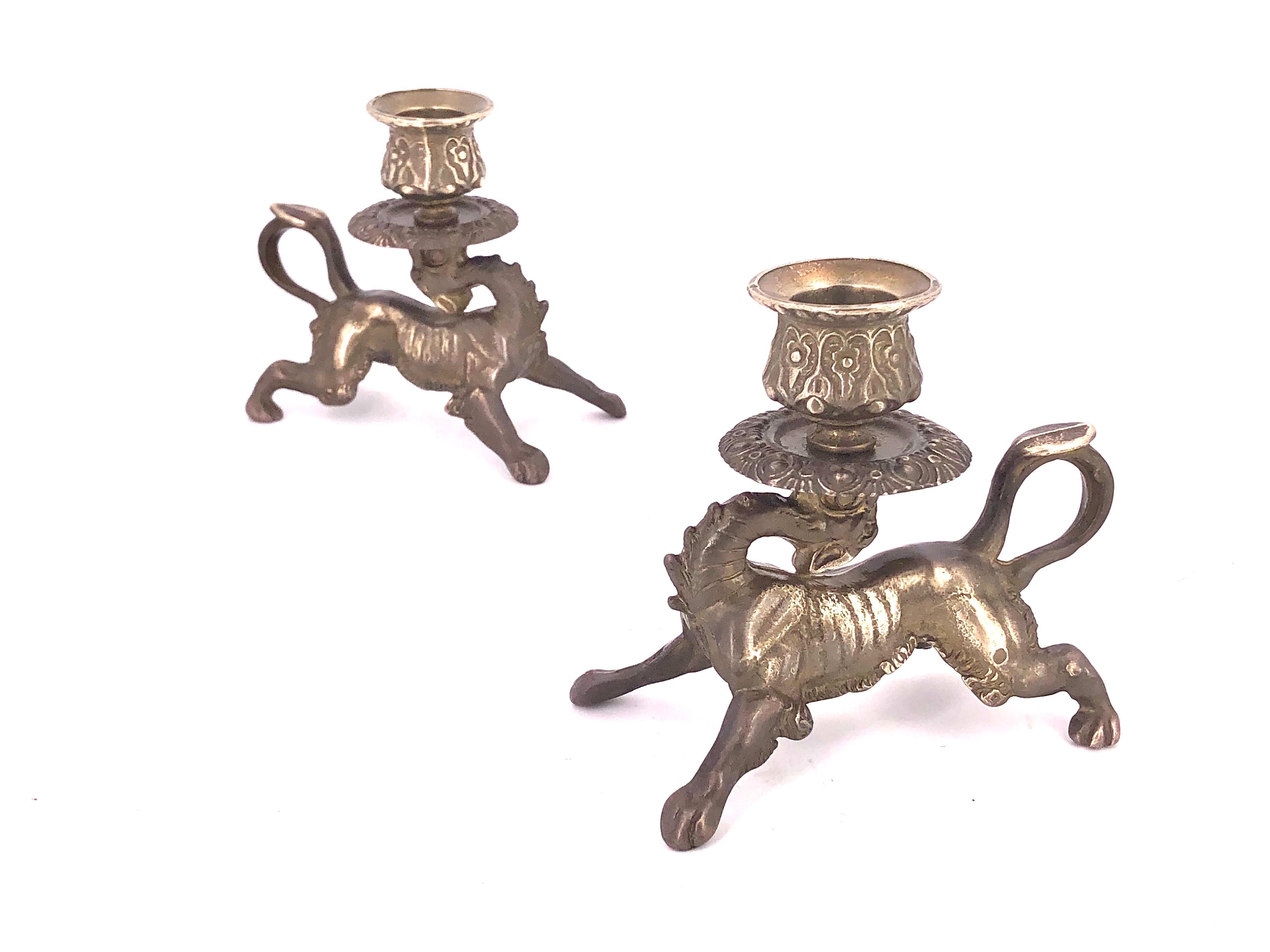 Gothic Pair of Solid Brass Antique Dragons Candleholders