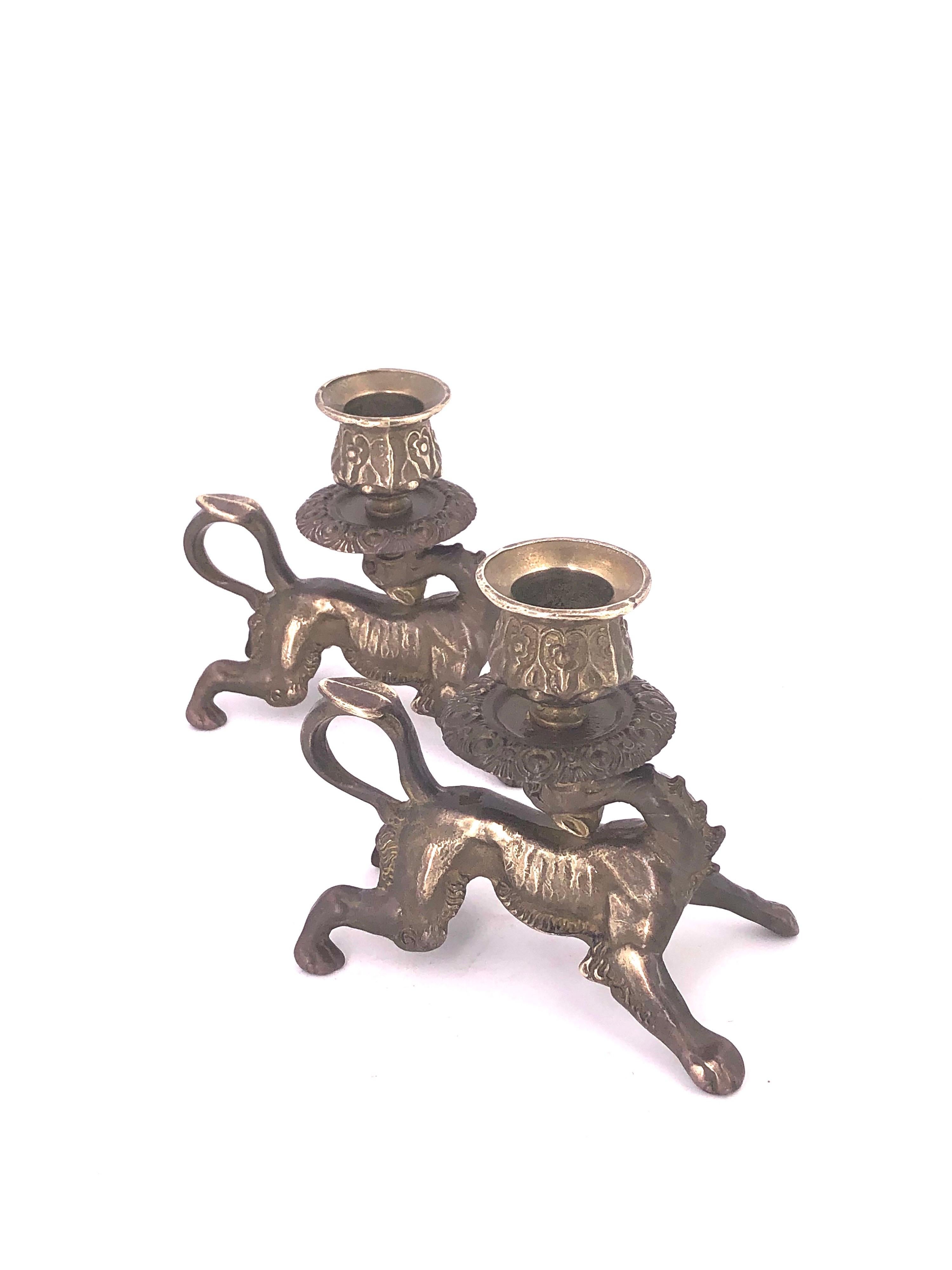 Chinese Pair of Solid Brass Antique Dragons Candleholders
